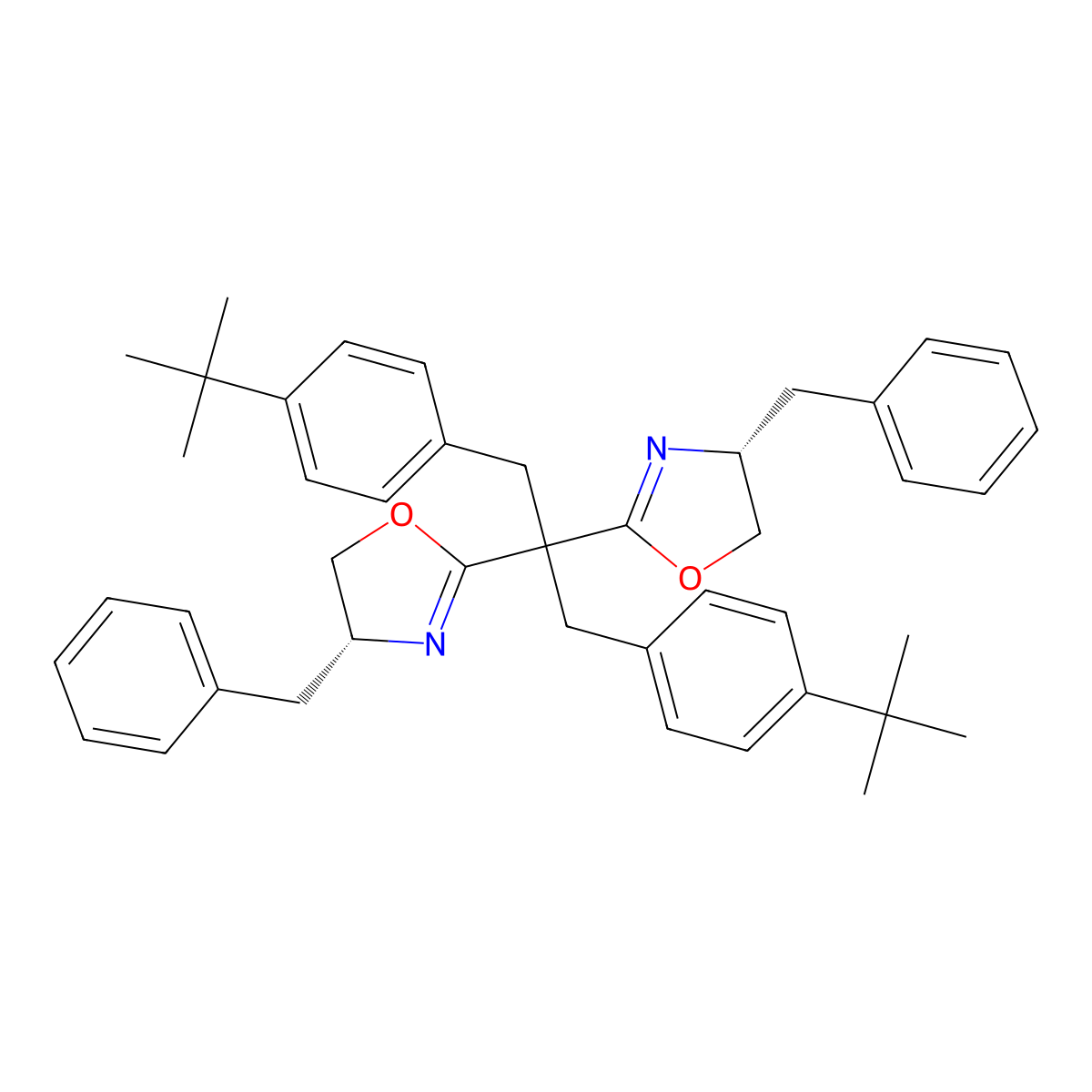 (4R,4'R)-2,2'-(1,3-Bis(4-(tert-butyl)phenyl)propane-2,2-diyl)bis(4-benzyl-4,5-dihydrooxazole) molecular structure, CAS 2634687-81-1