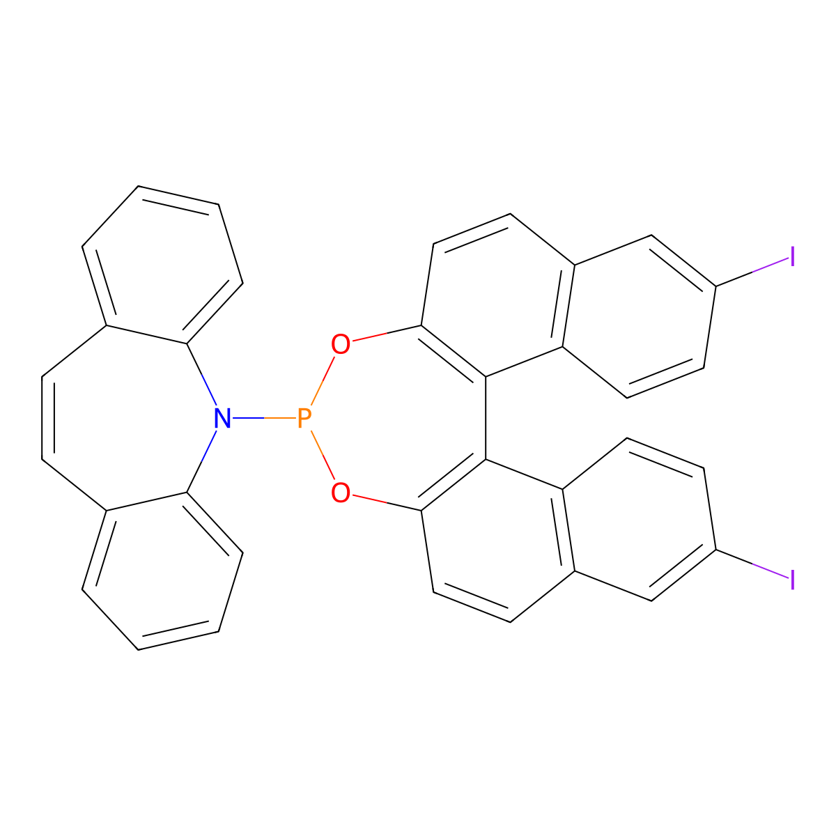 5-((11bR)-9,14-Diiododinaphtho[2,1-d:1',2'-f][1,3,2]dioxaphosphepin-4-yl)-5H-dibenzo[b,f]azepine molecular structure, CAS 2635339-79-4