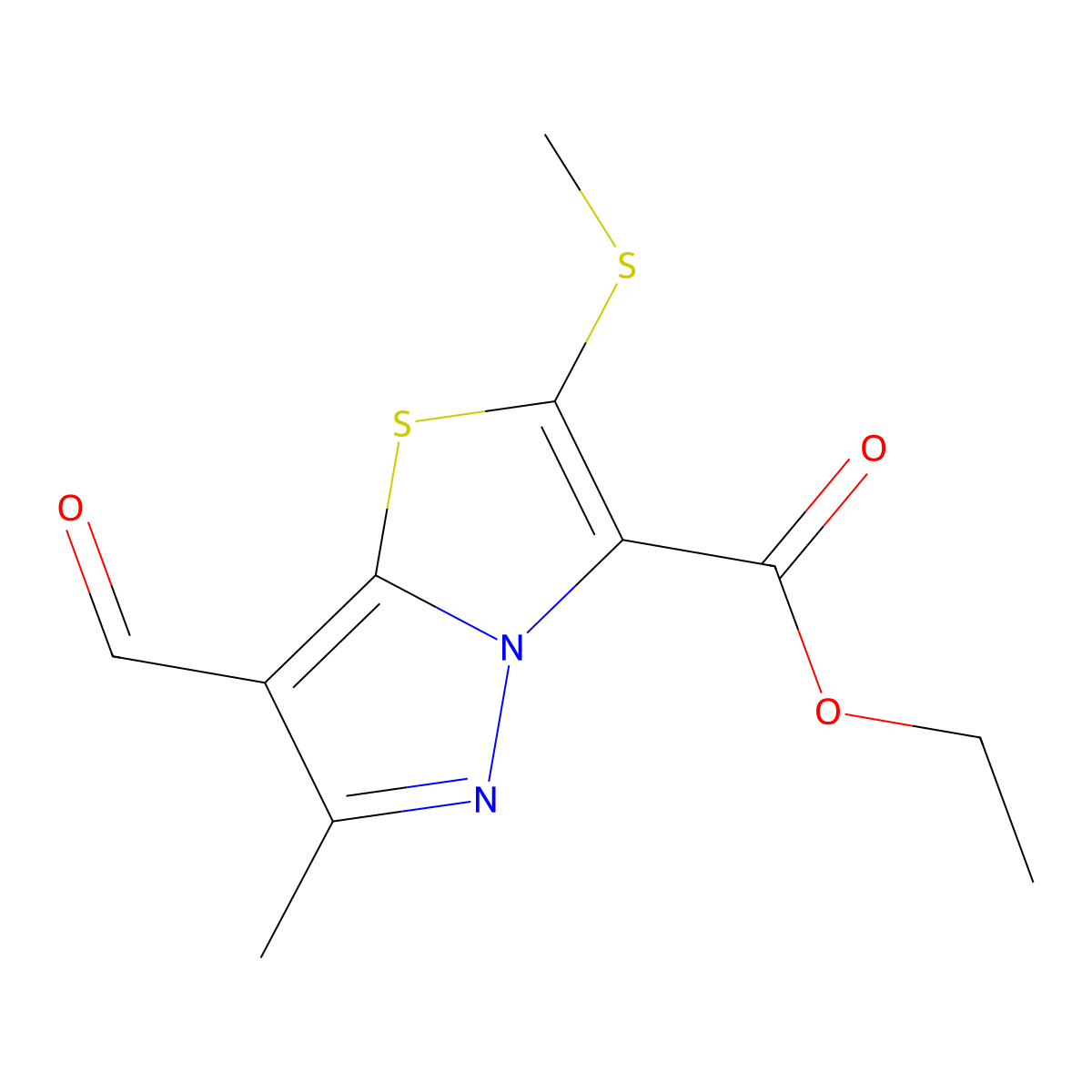 Ethyl 7-formyl-6-methyl-2-(methylsulfanyl)pyrazolo[5,1-b][1,3]thiazole-3-carboxylate molecular structure, CAS 263553-81-7