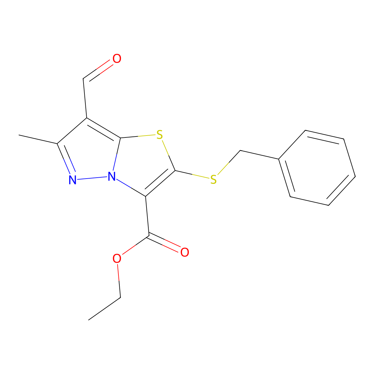Ethyl 2-(benzylsulfanyl)-7-formyl-6-methylpyrazolo[5,1-b][1,3]thiazole-3-carboxylate molecular structure, CAS 263553-82-8