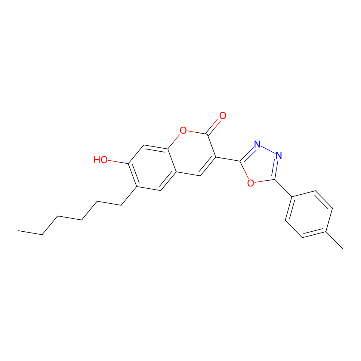 6-Hexyl-7-hydroxy-3-(5-p-tolyl-[1,3,4]oxadiazol-2-yl)-chromen-2-one molecular structure, CAS 263563-30-0