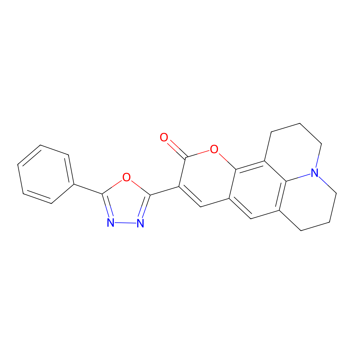 10-(5-phenyl-1,3,4-oxadiazol-2-yl)-2,3,6,7-tetrahydro-1H-pyrano[2,3-f]pyrido[3,2,1-ij]quinolin-11(5H)-one molecular structure, CAS 263563-63-9