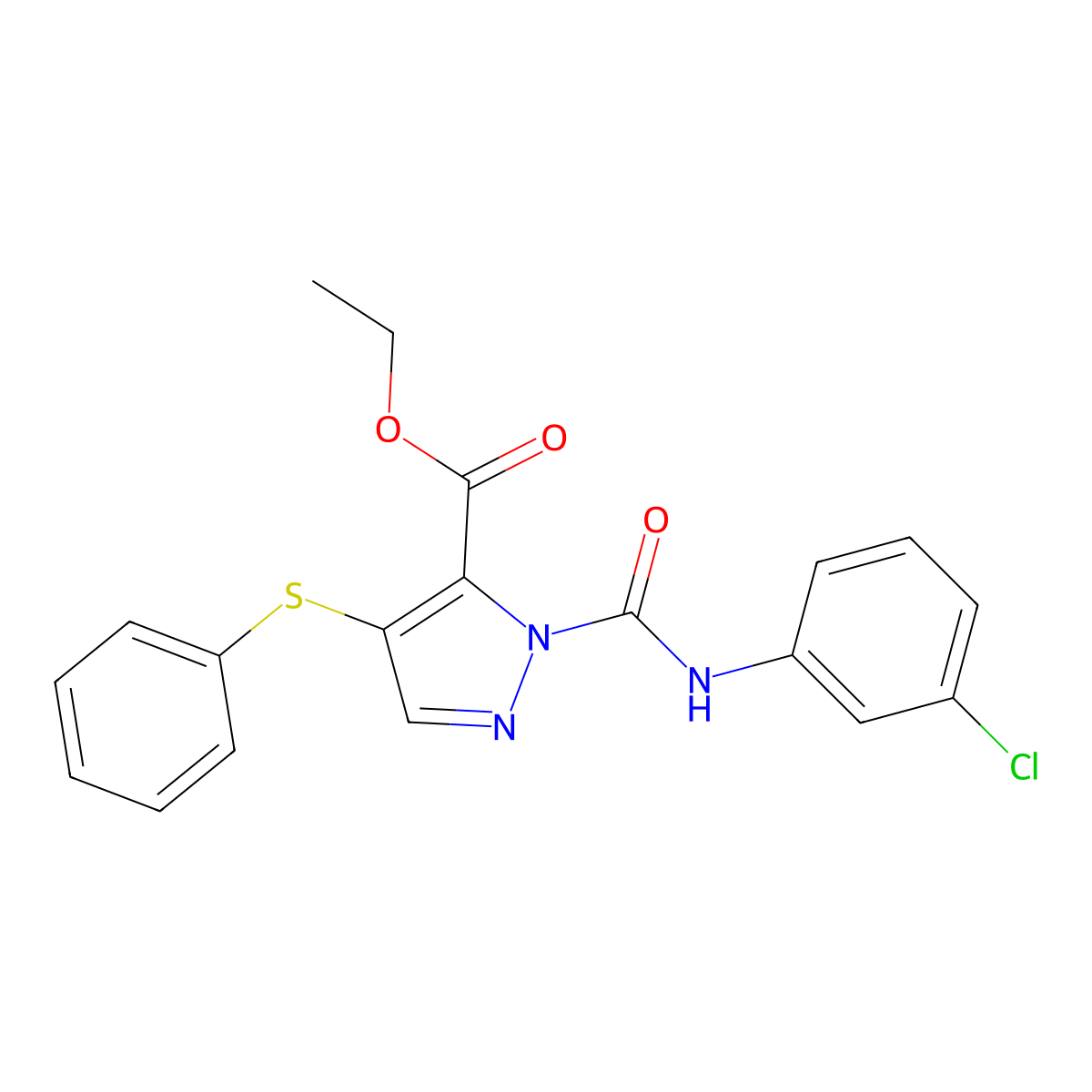 Ethyl 1-[[(3-chlorophenyl)amino]carbonyl]-4-(phenylthio)-1H-pyrazole-5-carboxylate molecular structure, CAS 263564-38-1