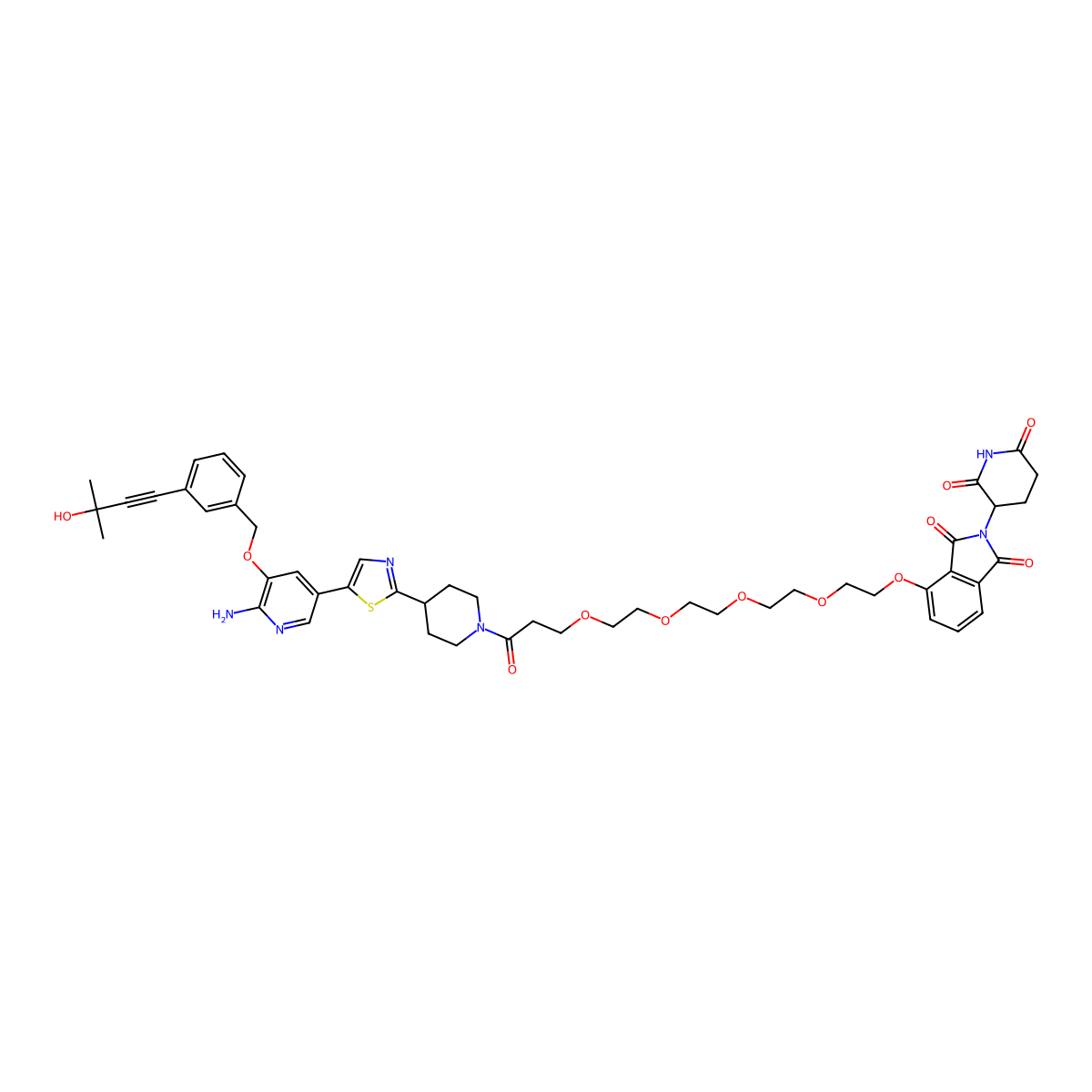 4-[2-[2-[2-[2-[3-[4-[5-[6-Amino-5-[[3-(3-hydroxy-3-methyl-but-1-ynyl)phenyl]methoxy]-3-pyridyl]thiazol-2-yl]-1-piperidyl]-3-oxo-propoxy]ethoxy]ethoxy]ethoxy]ethoxy]-2-(2,6-dioxo-3-piperidyl)isoindoline-1,3-dione molecular structure, CAS 2636072-62-1