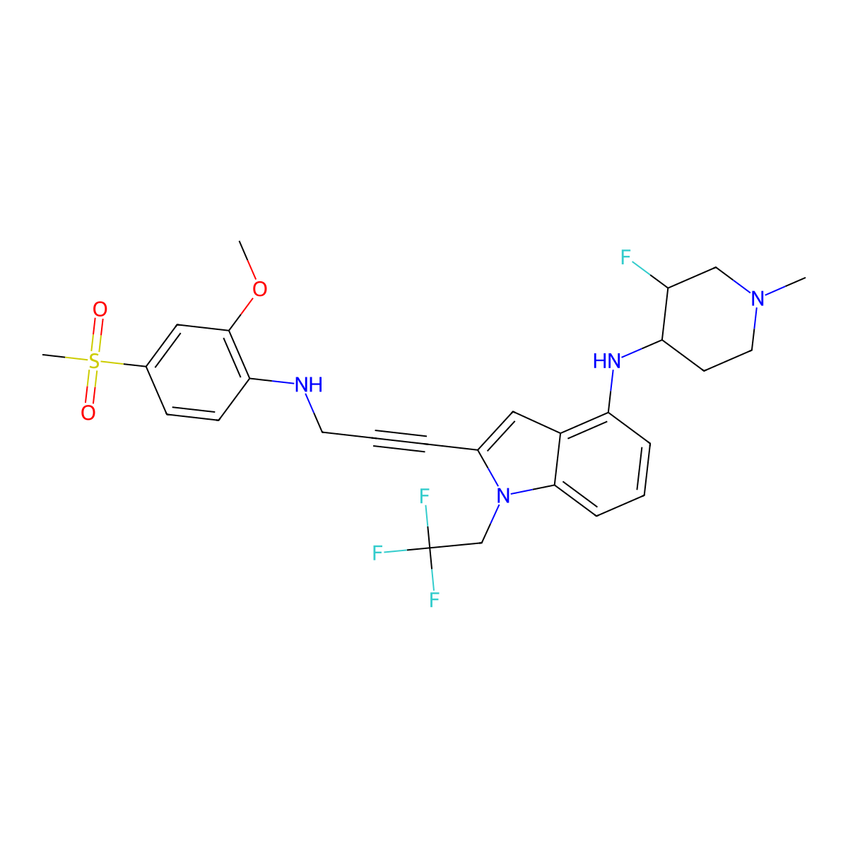 N-[(3S,4R)-3-fluoro-1-methylpiperidin-4-yl]-2-{3-[(4-methanesulfonyl-2-methoxyphenyl)amino]prop-1-yn-1-yl}-1-(2,2,2-trifluoroethyl)indol-4-amine molecular structure, CAS 2636846-30-3
