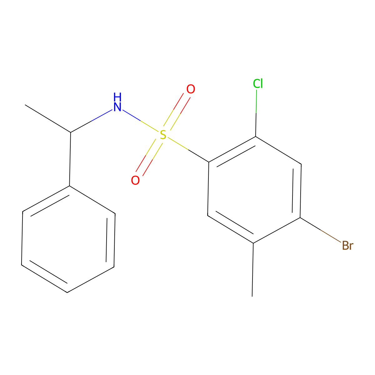 4-bromo-2-chloro-5-methyl-N-(1-phenylethyl)benzene-1-sulfonamide molecular structure, CAS 2637083-95-3