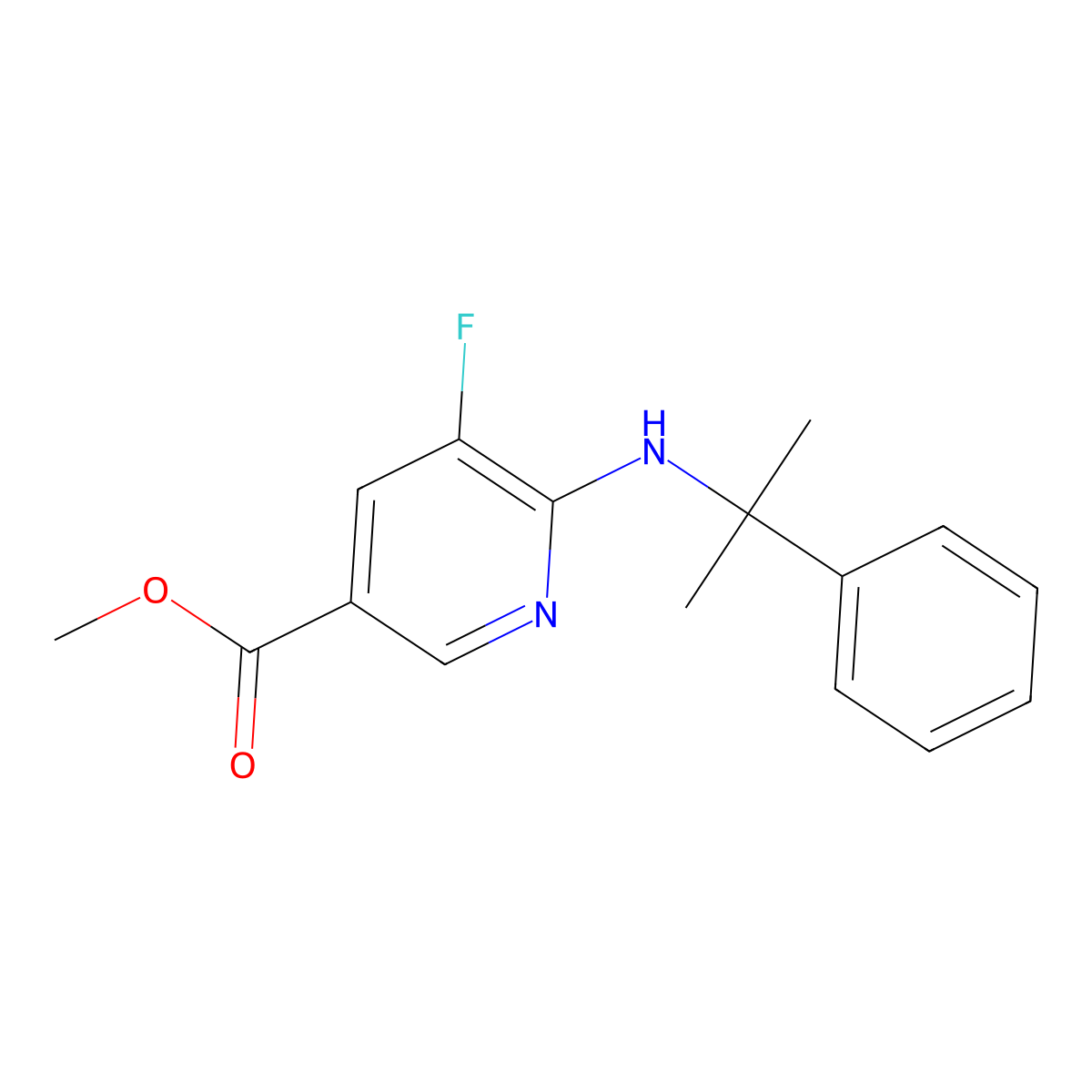 Methyl 5-fluoro-6-[(2-phenylpropan-2-yl)amino]pyridine-3-carboxylate molecular structure, CAS 2637453-45-1