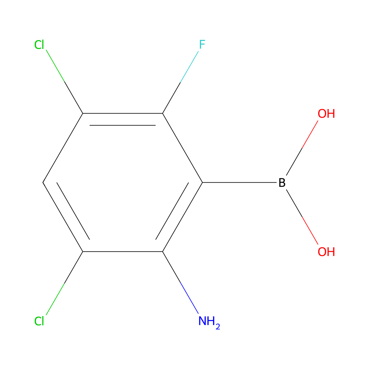 (2-Amino-3,5-dichloro-6-fluoro-phenyl)boronic acid molecular structure, CAS 2638502-53-9
