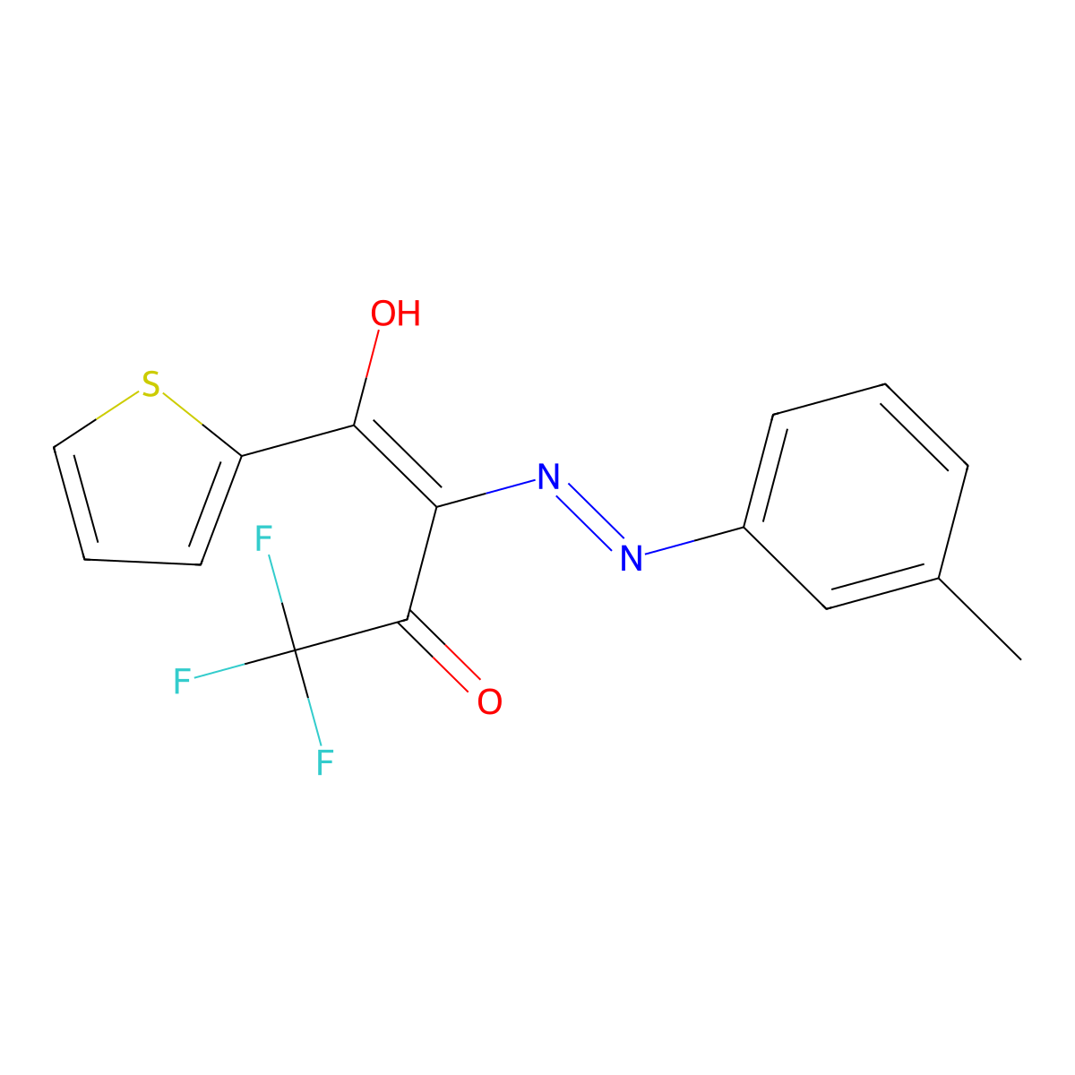 (2E)-4,4,4-trifluoro-2-[(3-methylphenyl)hydrazinylidene]-1-thiophen-2-ylbutane-1,3-dione molecular structure, CAS 263890-70-6