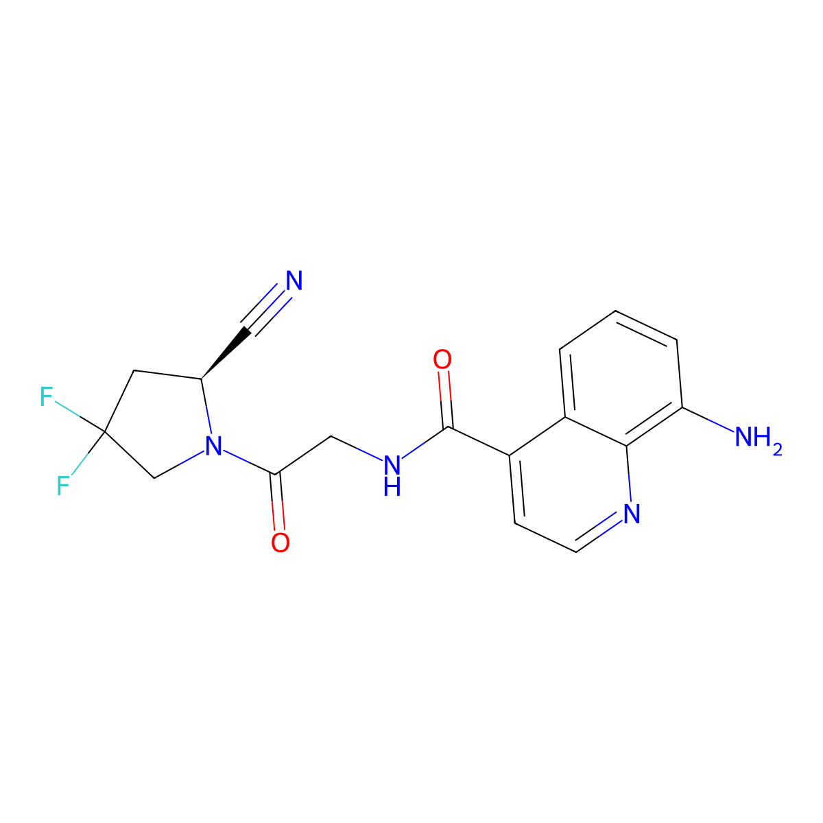 (S)-8-amino-N-(2-(2-cyano-4,4-difluoropyrrolidin-1-yl)-2-oxoethyl)quinoline-4-carboxamide molecular structure, CAS 2639365-68-5