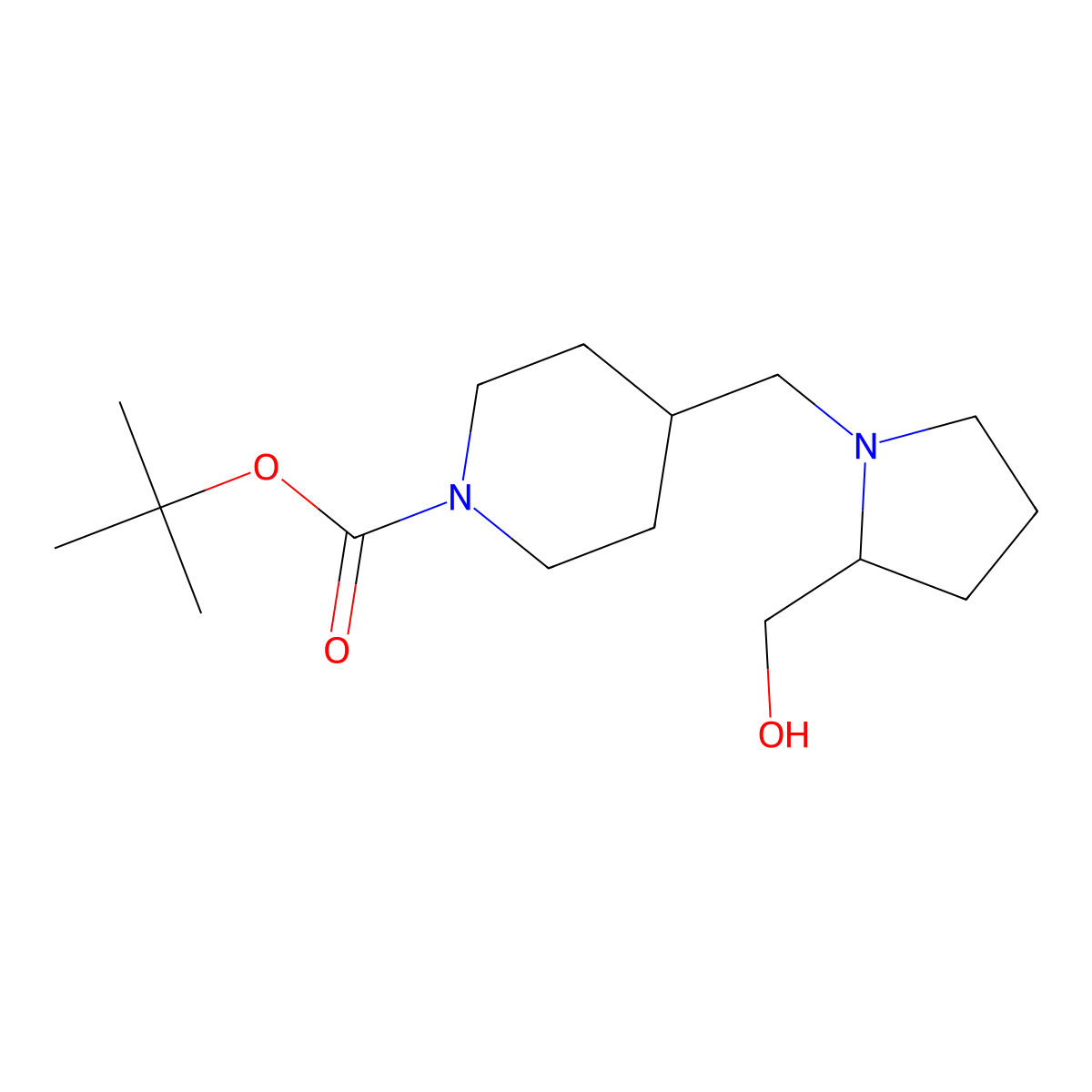 tert-butyl 4-{[(2R)-2-(hydroxymethyl)pyrrolidin-1-yl]methyl}piperidine-1-carboxylate molecular structure, CAS 2639370-59-3