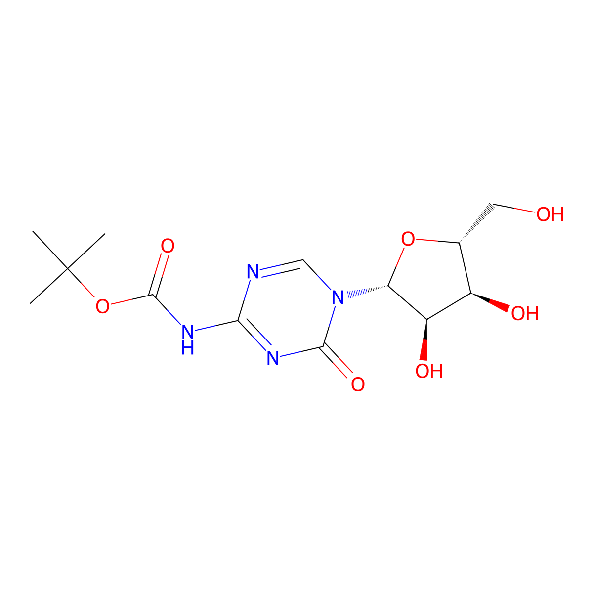 tert-butyl N-{5-[(2R,3R,4S,5R)-3,4-dihydroxy-5-(hydroxymethyl)oxolan-2-yl]-4-oxo-4,5-dihydro-1,3,5-triazin-2-yl}carbamate molecular structure, CAS 2639370-60-6