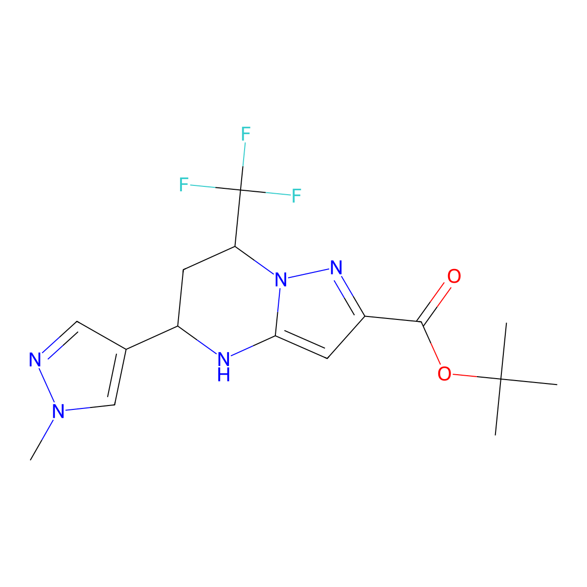 rac-tert-butyl (5R,7S)-5-(1-methyl-1H-pyrazol-4-yl)-7-(trifluoromethyl)-4H,5H,6H,7H-pyrazolo[1,5-a]pyrimidine-2-carboxylate molecular structure, CAS 2639370-87-7
