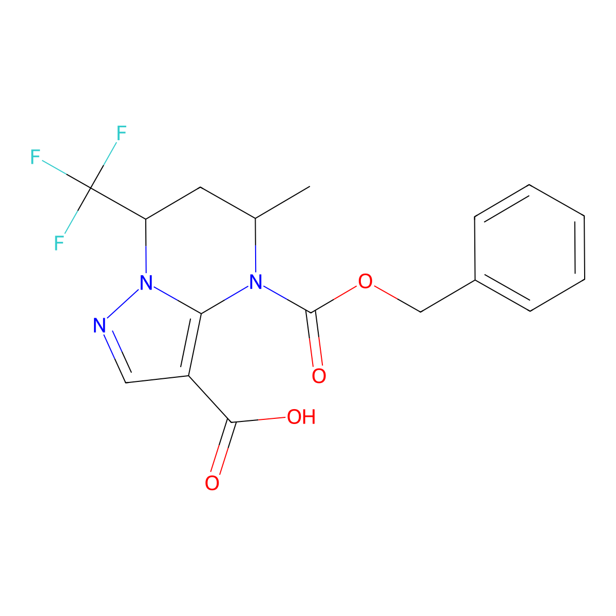 rac-(5R,7R)-4-[(benzyloxy)carbonyl]-5-methyl-7-(trifluoromethyl)-4H,5H,6H,7H-pyrazolo[1,5-a]pyrimidine-3-carboxylic acid molecular structure, CAS 2639370-95-7