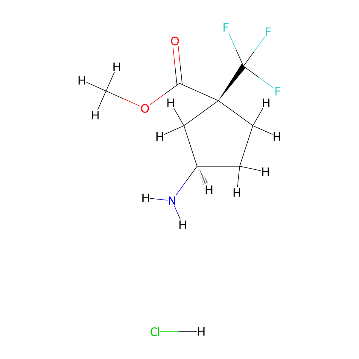 rac-methyl (1R,3S)-3-amino-1-(trifluoromethyl)cyclopentane-1-carboxylate hydrochloride molecular structure, CAS 2639371-15-4