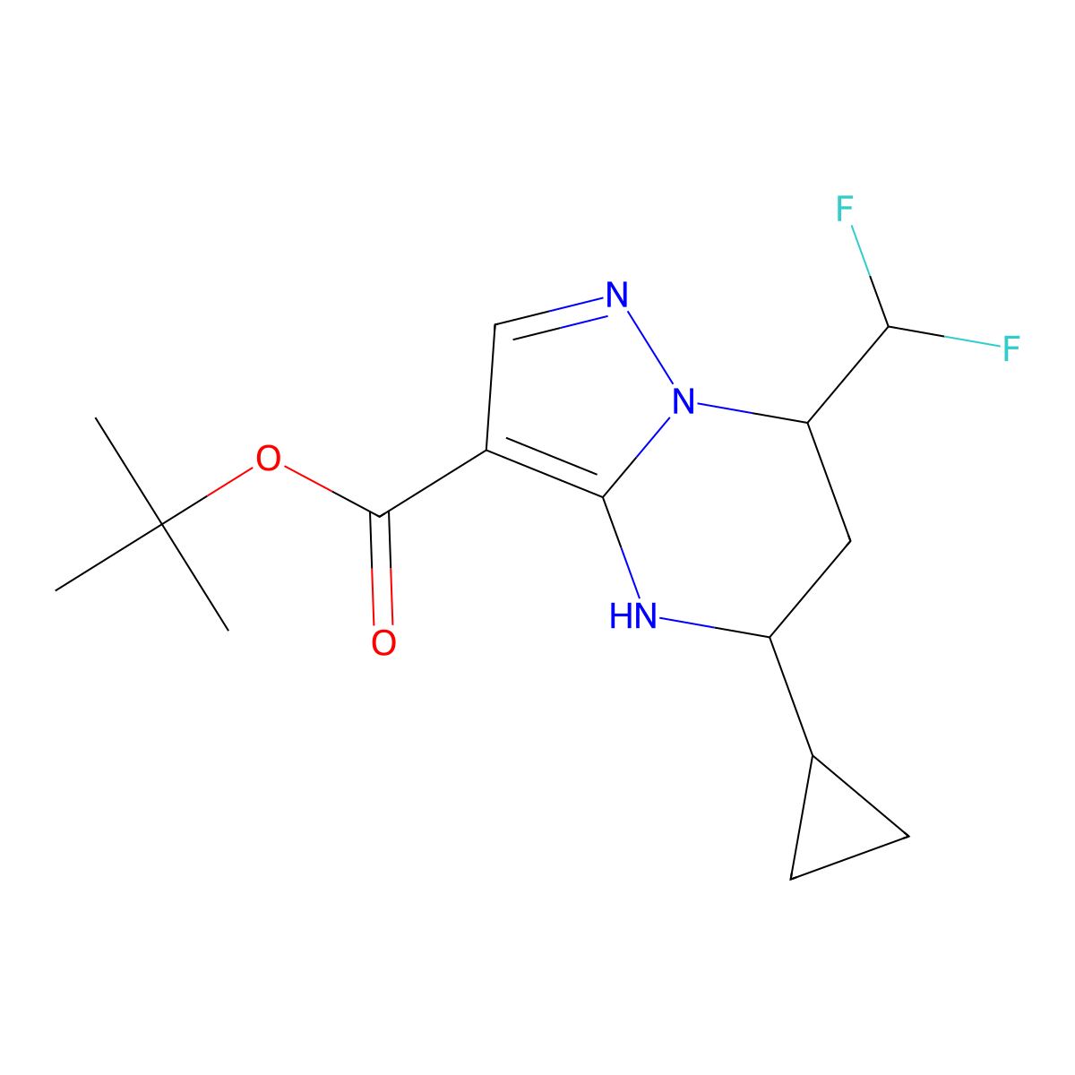 rac-tert-butyl (5R,7S)-5-cyclopropyl-7-(difluoromethyl)-4H,5H,6H,7H-pyrazolo[1,5-a]pyrimidine-3-carboxylate molecular structure, CAS 2639371-25-6
