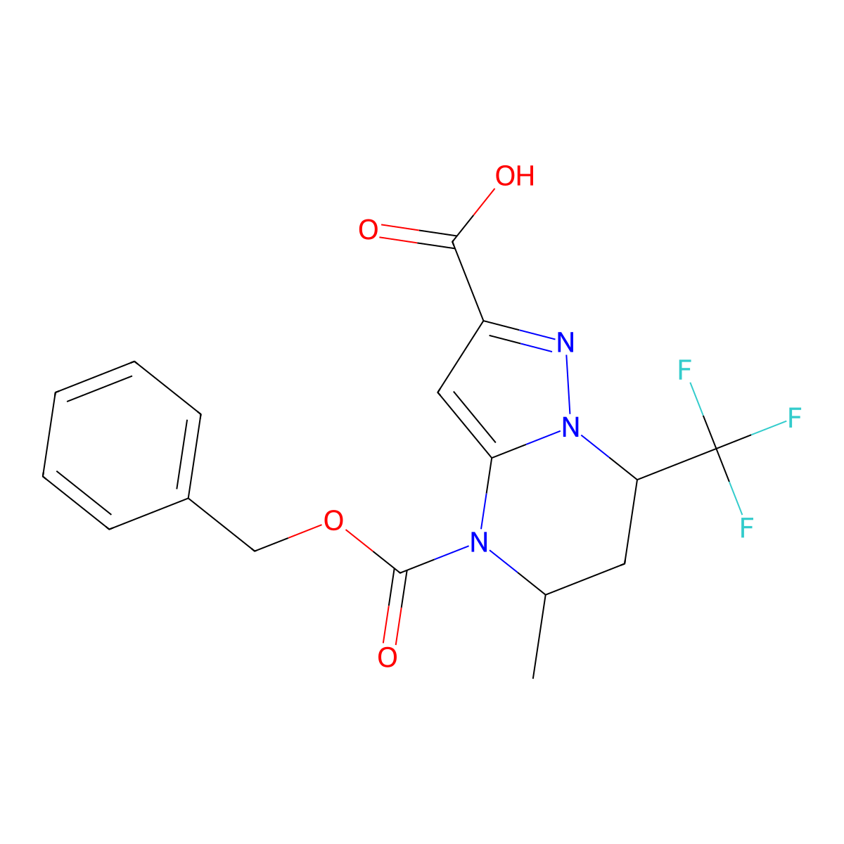 rac-(5R,7R)-4-[(benzyloxy)carbonyl]-5-methyl-7-(trifluoromethyl)-4H,5H,6H,7H-pyrazolo[1,5-a]pyrimidine-2-carboxylic acid molecular structure, CAS 2639371-32-5