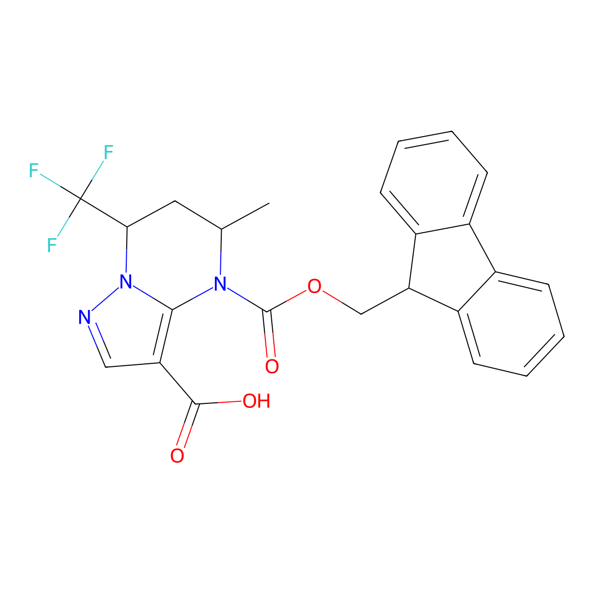 rac-(5R,7R)-4-{[(9H-fluoren-9-yl)methoxy]carbonyl}-5-methyl-7-(trifluoromethyl)-4H,5H,6H,7H-pyrazolo[1,5-a]pyrimidine-3-carboxylic acid molecular structure, CAS 2639371-33-6