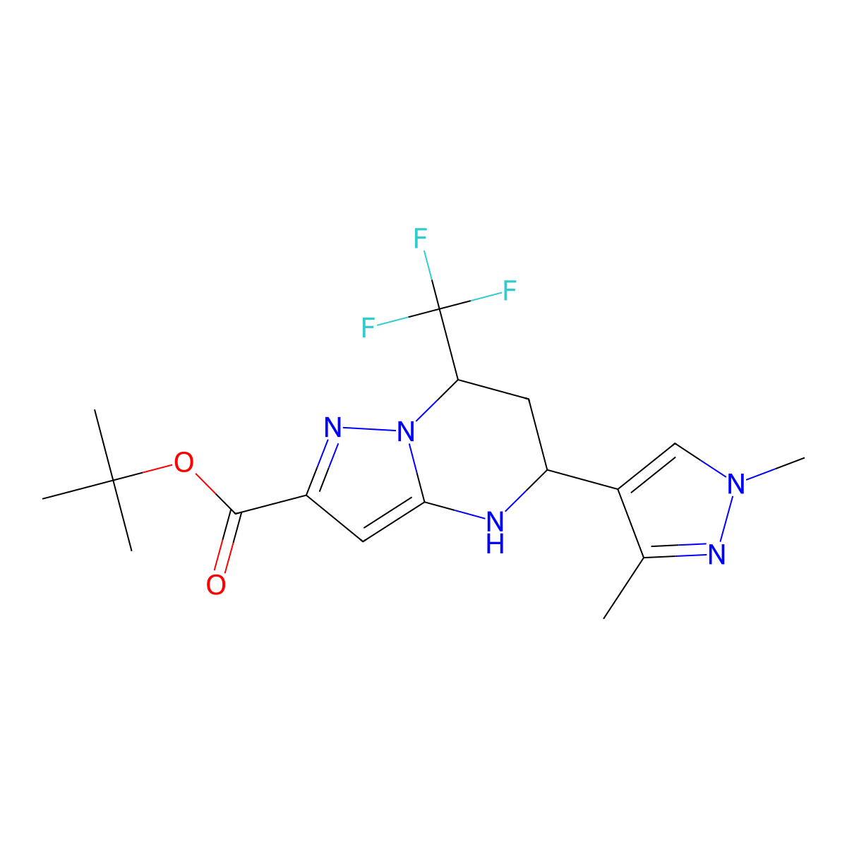 rac-tert-butyl (5R,7S)-5-(1,3-dimethyl-1H-pyrazol-4-yl)-7-(trifluoromethyl)-4H,5H,6H,7H-pyrazolo[1,5-a]pyrimidine-2-carboxylate molecular structure, CAS 2639371-43-8