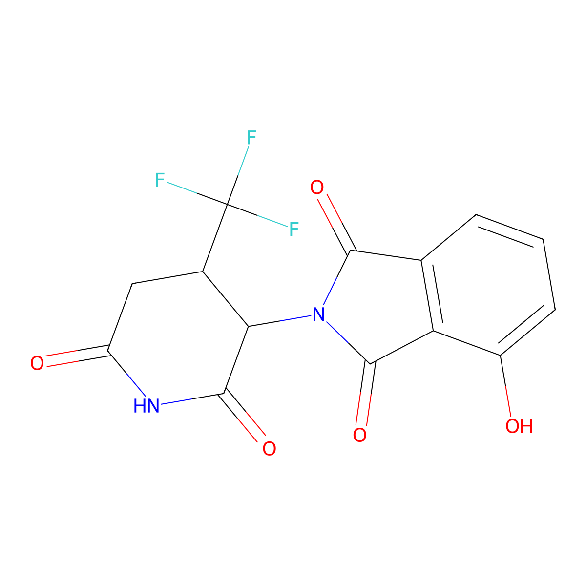 rac-2-[(3R,4S)-2,6-dioxo-4-(trifluoromethyl)piperidin-3-yl]-4-hydroxy-2,3-dihydro-1H-isoindole-1,3-dione, trans molecular structure, CAS 2639371-54-1