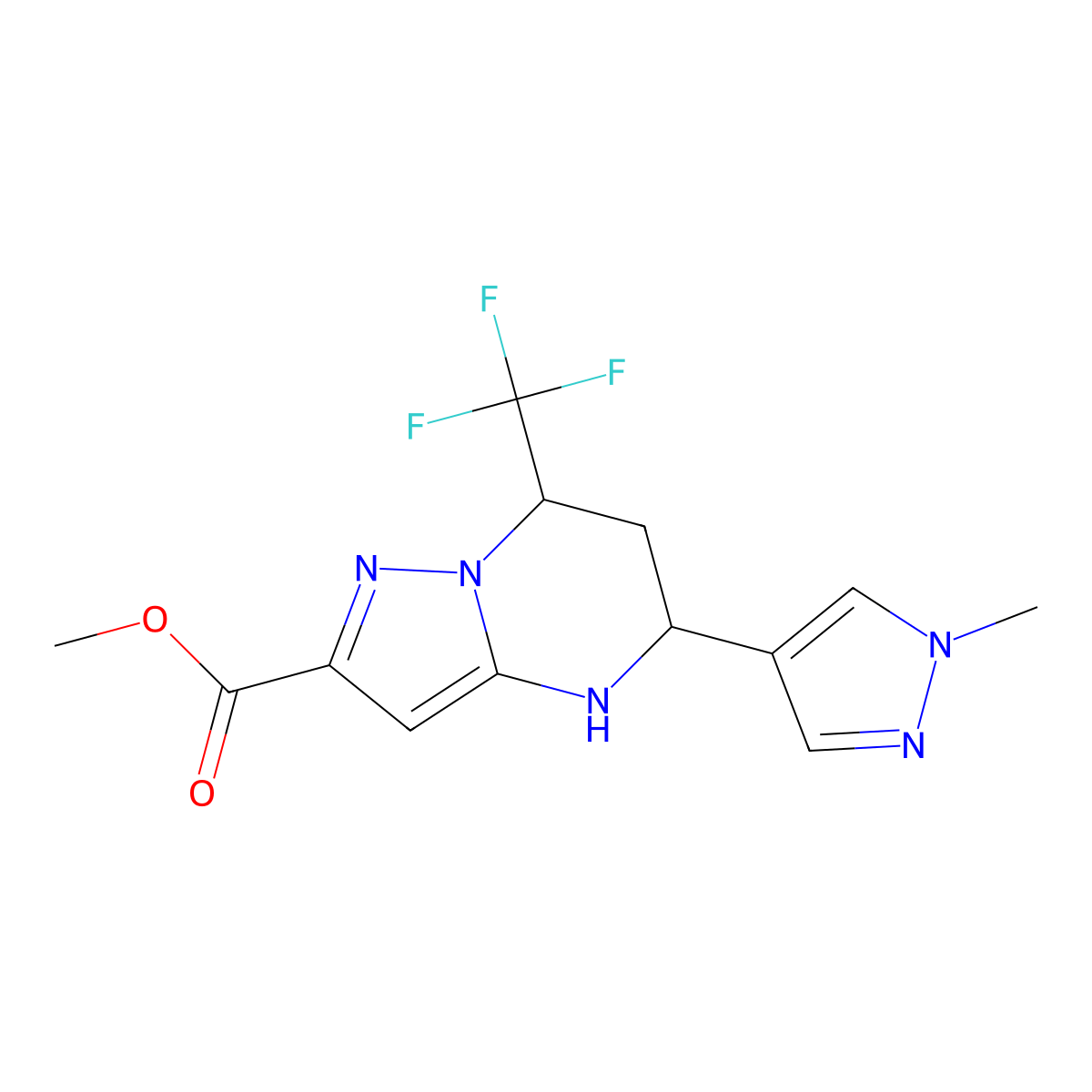 rac-methyl (5R,7S)-5-(1-methyl-1H-pyrazol-4-yl)-7-(trifluoromethyl)-4H,5H,6H,7H-pyrazolo[1,5-a]pyrimidine-2-carboxylate molecular structure, CAS 2639371-92-7