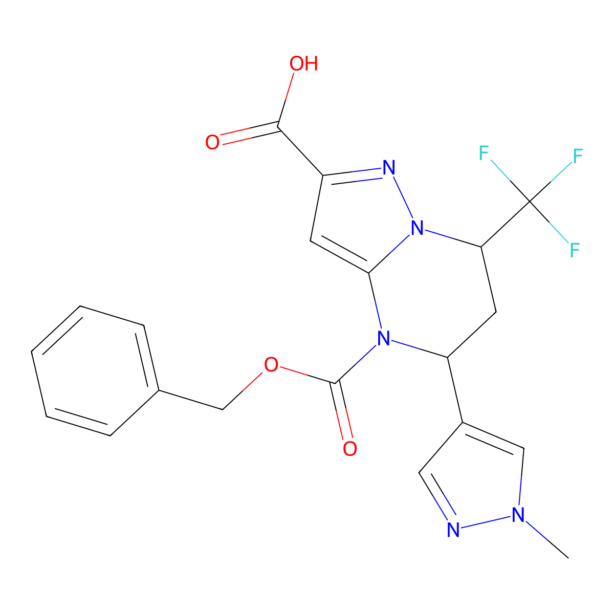 rac-(5R,7S)-4-[(benzyloxy)carbonyl]-5-(1-methyl-1H-pyrazol-4-yl)-7-(trifluoromethyl)-4H,5H,6H,7H-pyrazolo[1,5-a]pyrimidine-2-carboxylic acid molecular structure, CAS 2639371-95-0