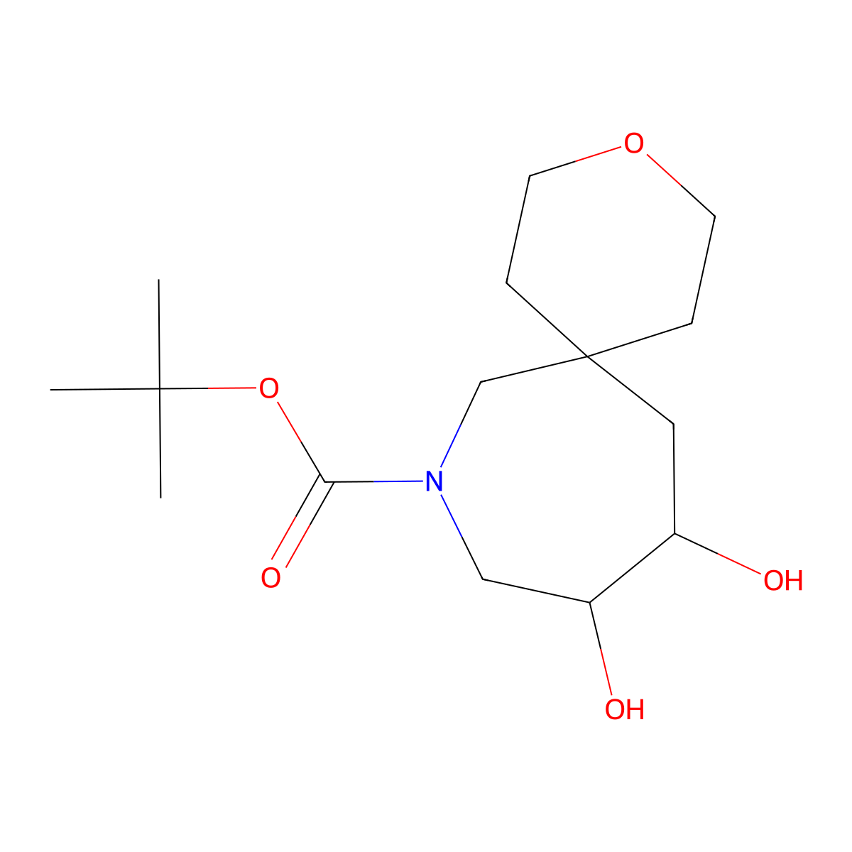 rac-tert-butyl (10R,11S)-10,11-dihydroxy-3-oxa-8-azaspiro[5.6]dodecane-8-carboxylate molecular structure, CAS 2639374-58-4