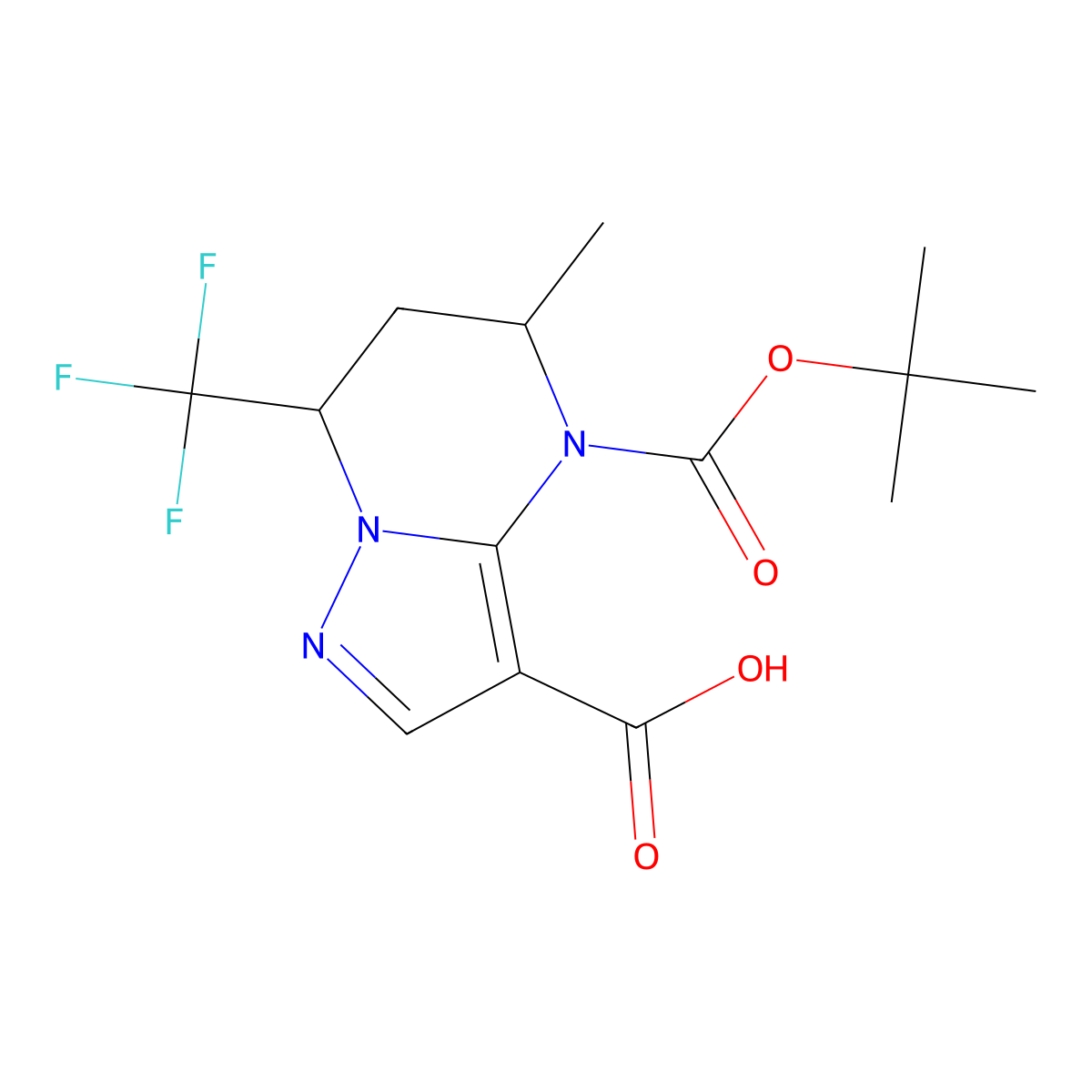 rac-(5R,7R)-4-[(tert-butoxy)carbonyl]-5-methyl-7-(trifluoromethyl)-4H,5H,6H,7H-pyrazolo[1,5-a]pyrimidine-3-carboxylic acid molecular structure, CAS 2639374-87-9