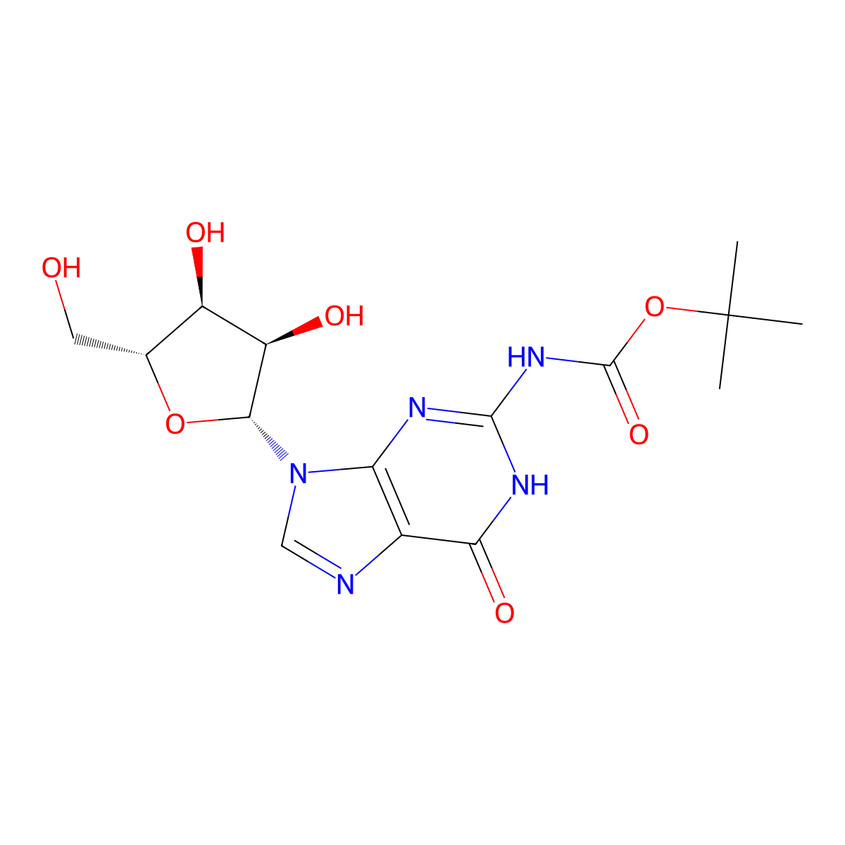 tert-butyl N-{9-[(2R,3R,4S,5R)-3,4-dihydroxy-5-(hydroxymethyl)oxolan-2-yl]-6-oxo-6,9-dihydro-1H-purin-2-yl}carbamate molecular structure, CAS 2639375-05-4