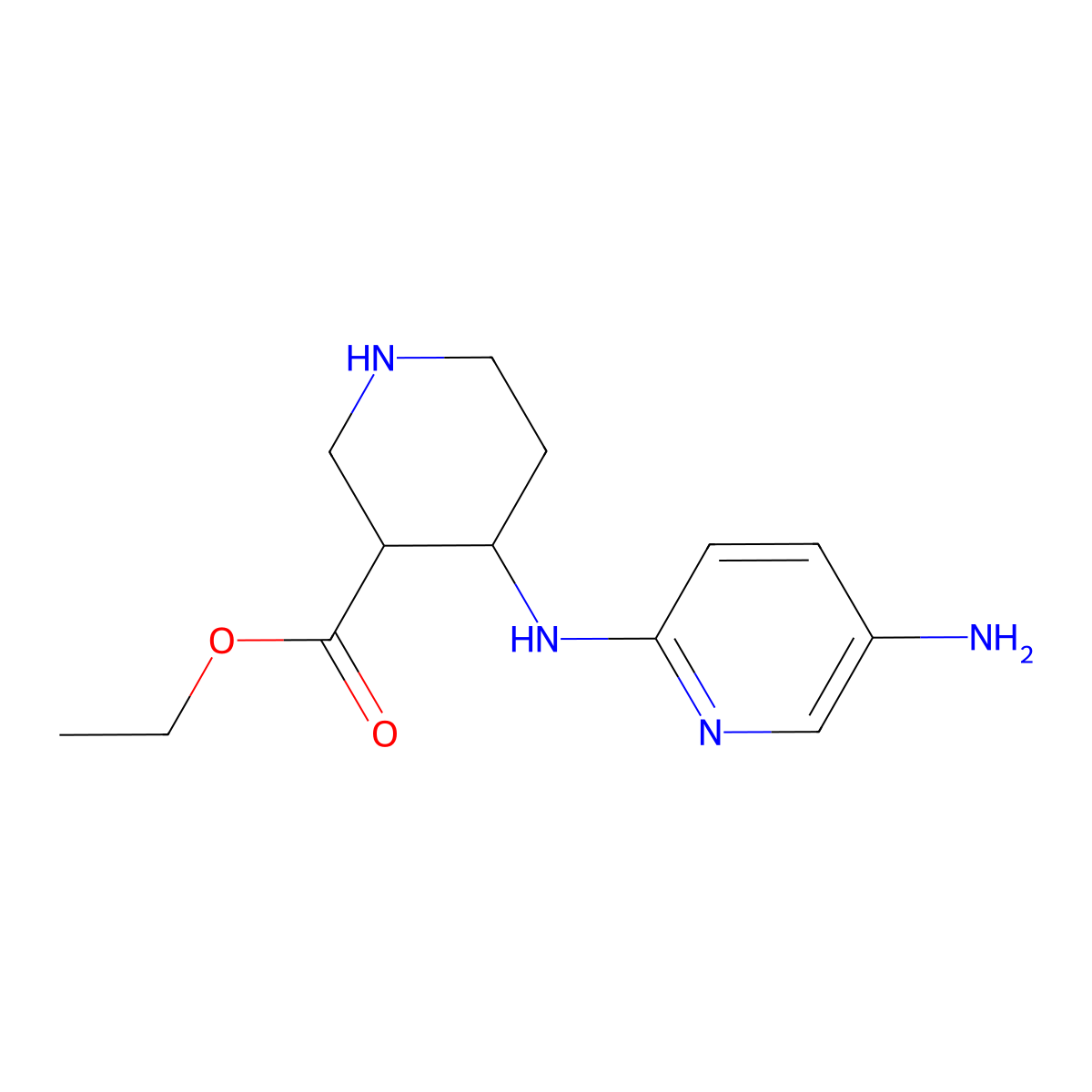 rac-ethyl (3R,4S)-4-[(5-aminopyridin-2-yl)amino]piperidine-3-carboxylate molecular structure, CAS 2639375-21-4