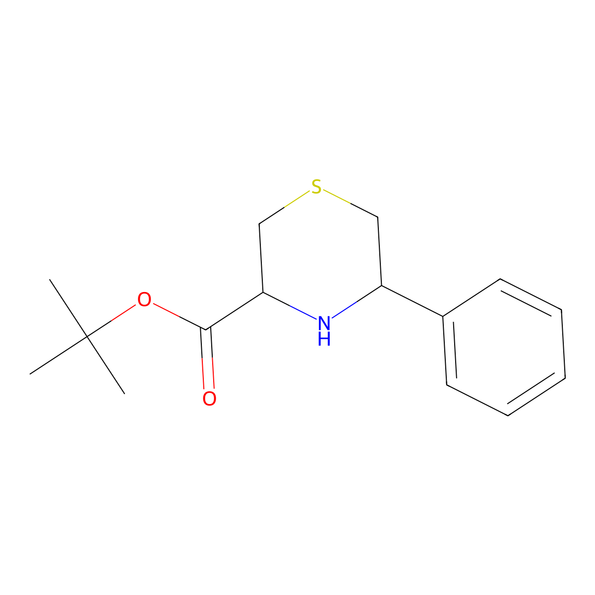 rac-tert-butyl (3R,5S)-5-phenylthiomorpholine-3-carboxylate molecular structure, CAS 2639375-23-6