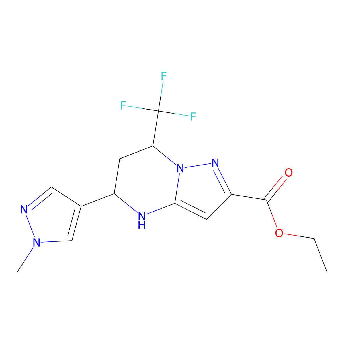 rac-ethyl (5R,7S)-5-(1-methyl-1H-pyrazol-4-yl)-7-(trifluoromethyl)-4H,5H,6H,7H-pyrazolo[1,5-a]pyrimidine-2-carboxylate molecular structure, CAS 2639375-29-2