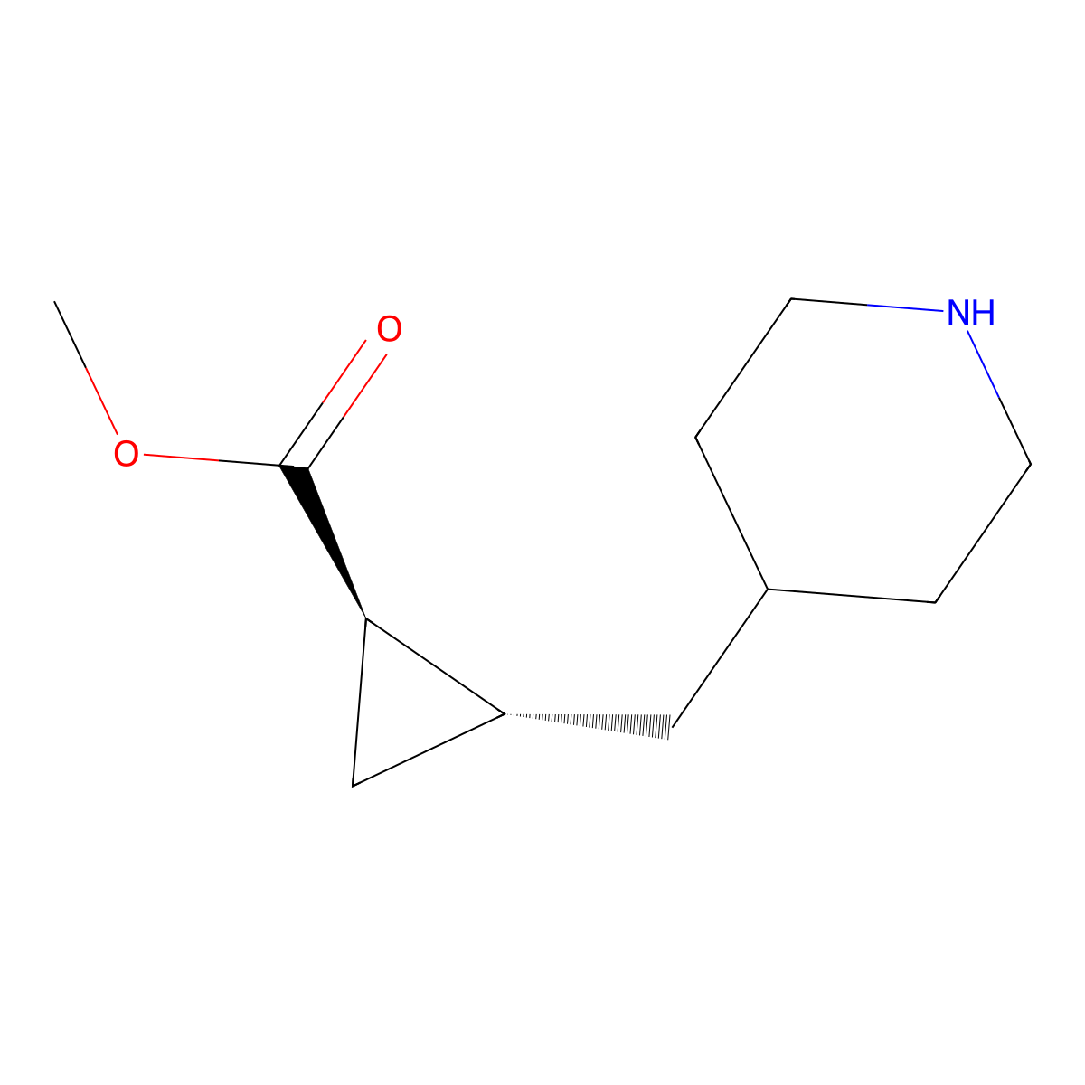 rac-methyl (1R,2R)-2-[(piperidin-4-yl)methyl]cyclopropane-1-carboxylate molecular structure, CAS 2639375-33-8