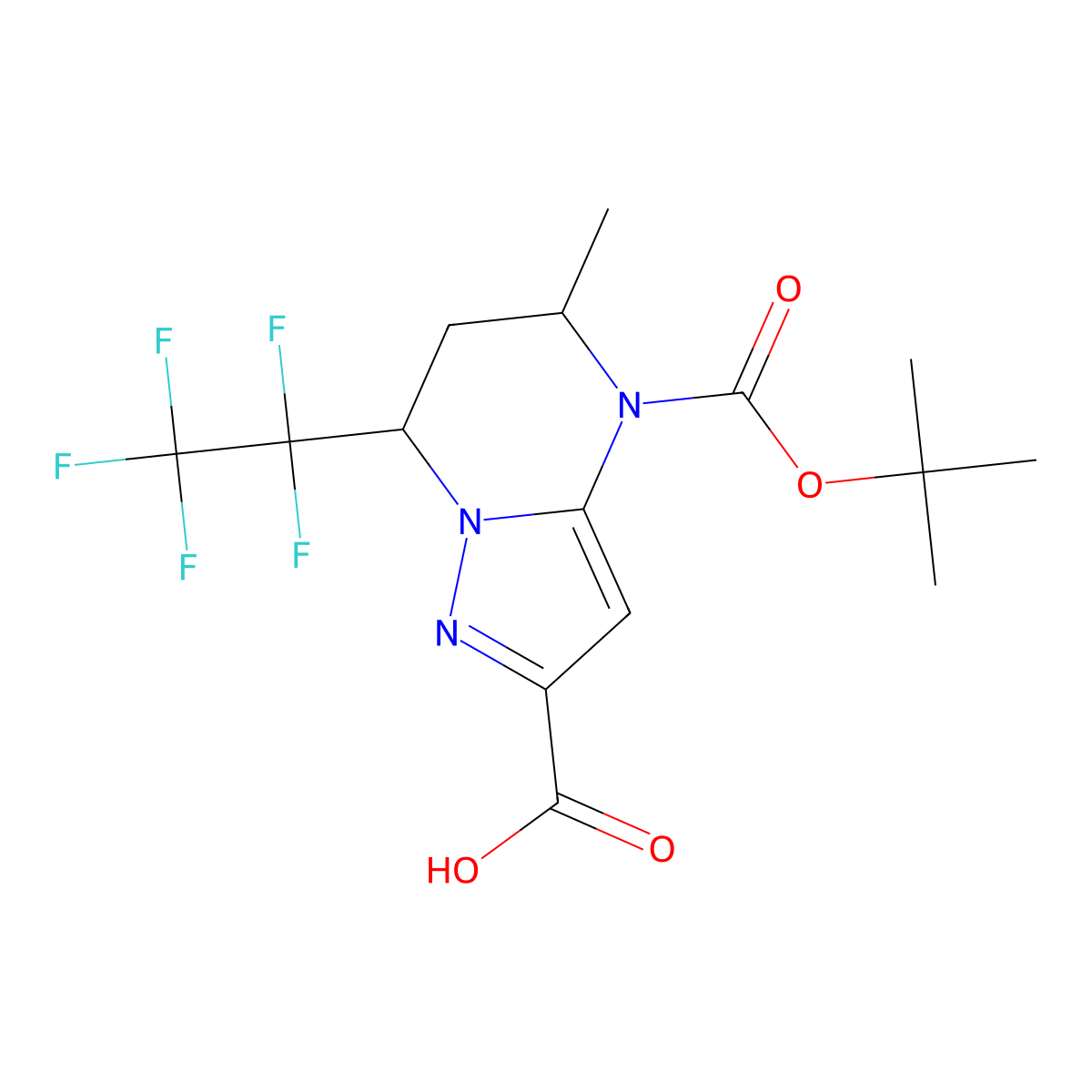 rac-(5R,7R)-4-[(tert-butoxy)carbonyl]-5-methyl-7-(1,1,2,2,2-pentafluoroethyl)-4H,5H,6H,7H-pyrazolo[1,5-a]pyrimidine-2-carboxylic acid molecular structure, CAS 2639375-74-7