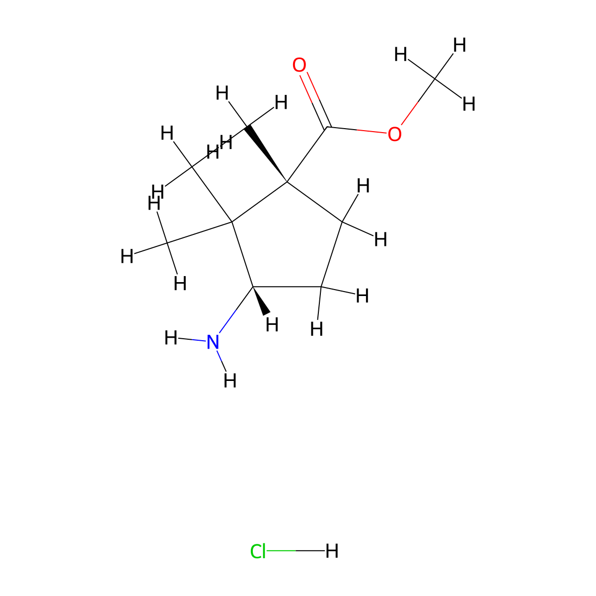 methyl (1R,3S)-3-amino-1,2,2-trimethylcyclopentane-1-carboxylate hydrochloride molecular structure, CAS 2639378-25-7