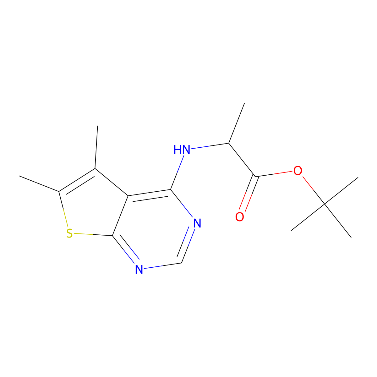 rel-tert-butyl (2R)-2-({5,6-dimethylthieno[2,3-d]pyrimidin-4-yl}amino)propanoate molecular structure, CAS 2639378-46-2
