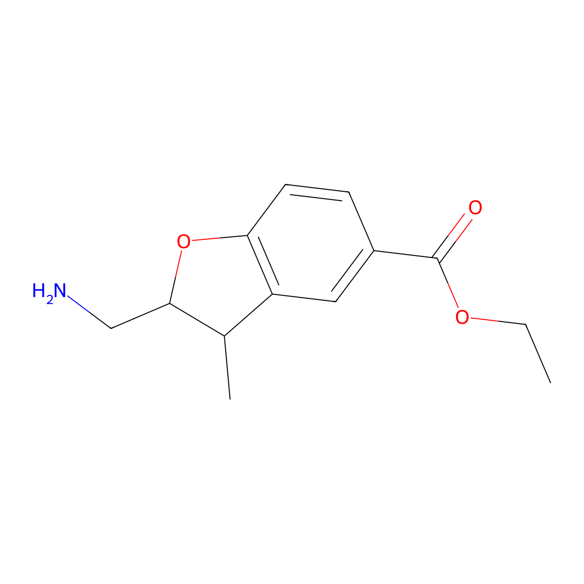 rac-ethyl (2R,3S)-2-(aminomethyl)-3-methyl-2,3-dihydro-1-benzofuran-5-carboxylate molecular structure, CAS 2639378-61-1