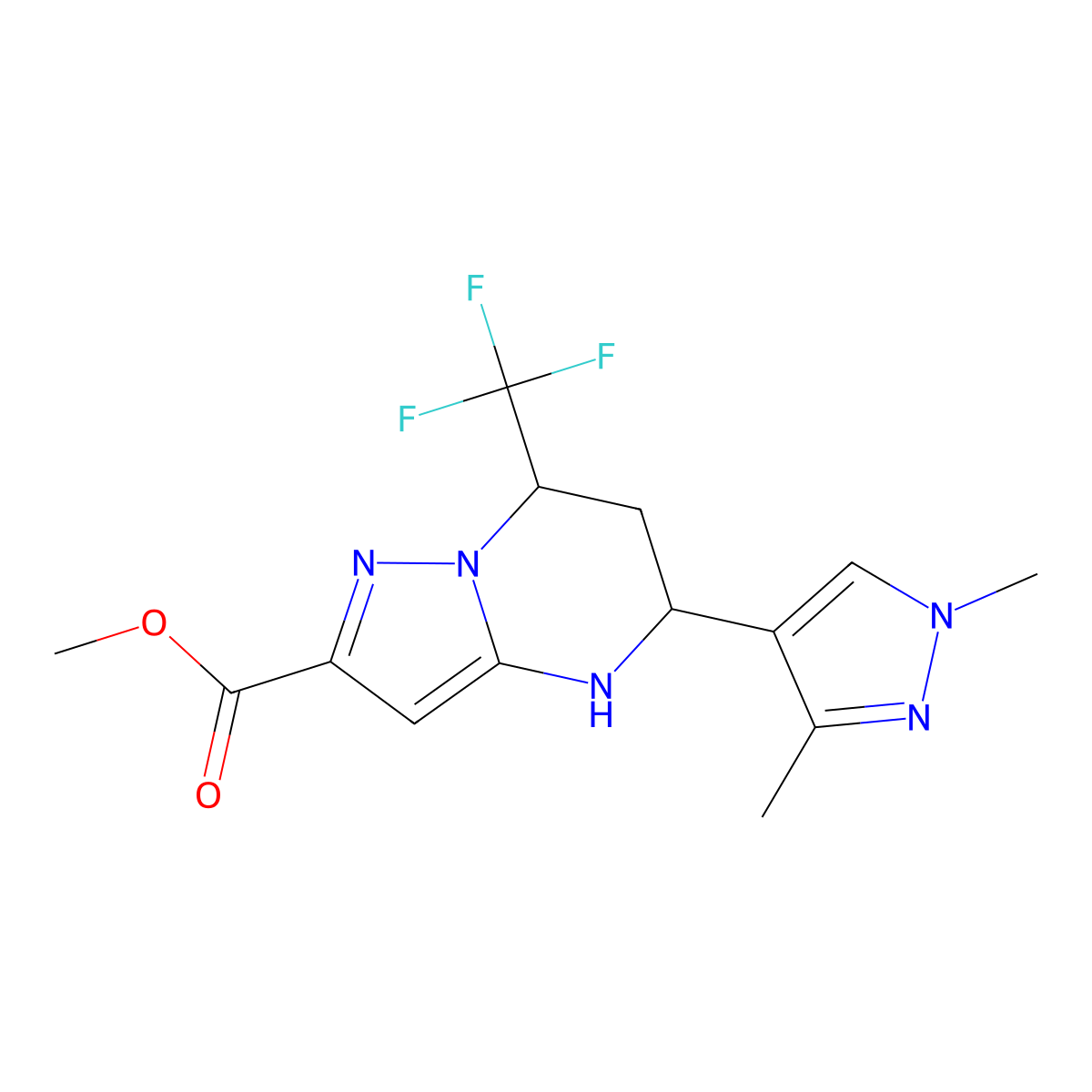 rac-methyl (5R,7S)-5-(1,3-dimethyl-1H-pyrazol-4-yl)-7-(trifluoromethyl)-4H,5H,6H,7H-pyrazolo[1,5-a]pyrimidine-2-carboxylate molecular structure, CAS 2639378-62-2