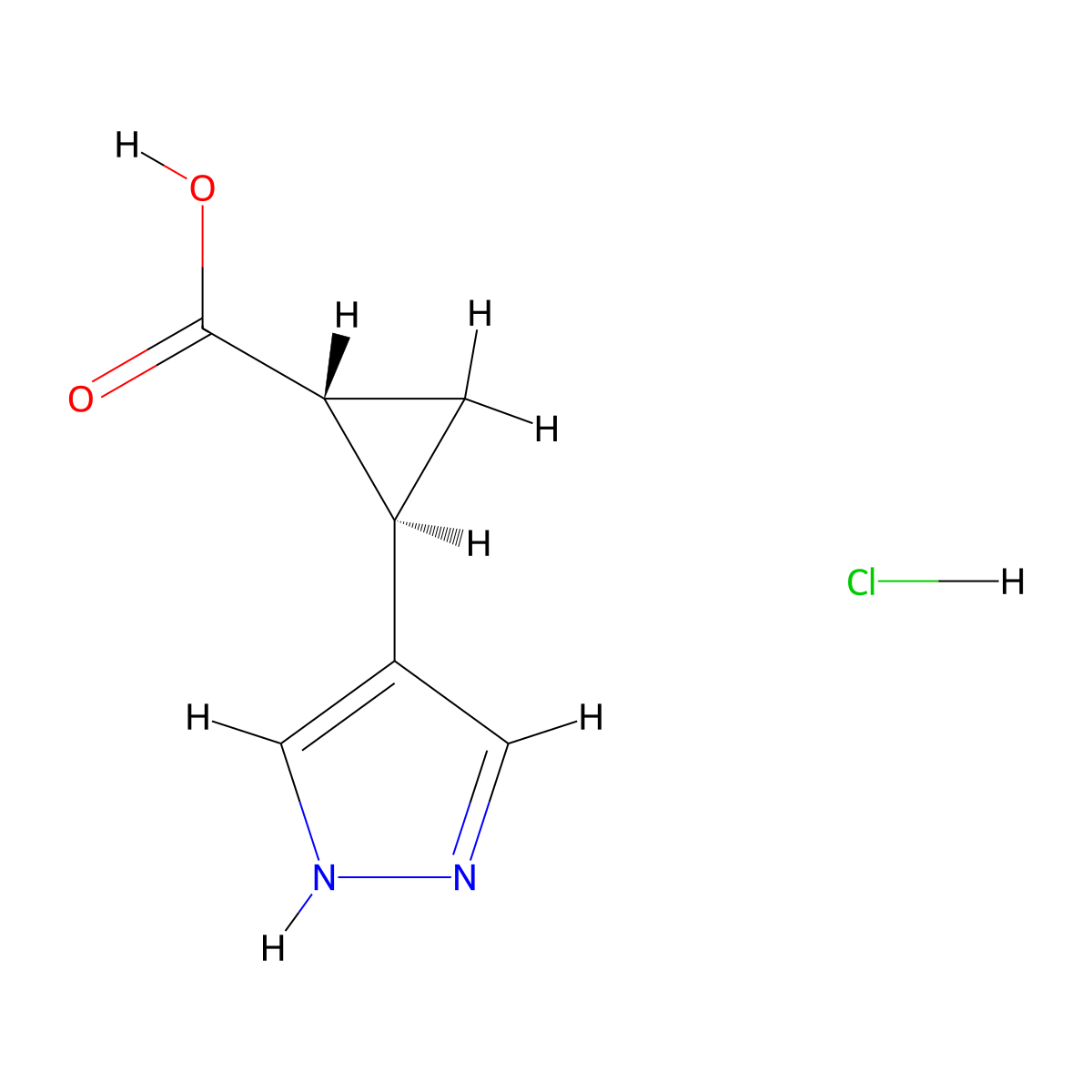 rac-(1R,2R)-2-(1H-pyrazol-4-yl)cyclopropane-1-carboxylic acid hydrochloride molecular structure, CAS 2639378-67-7