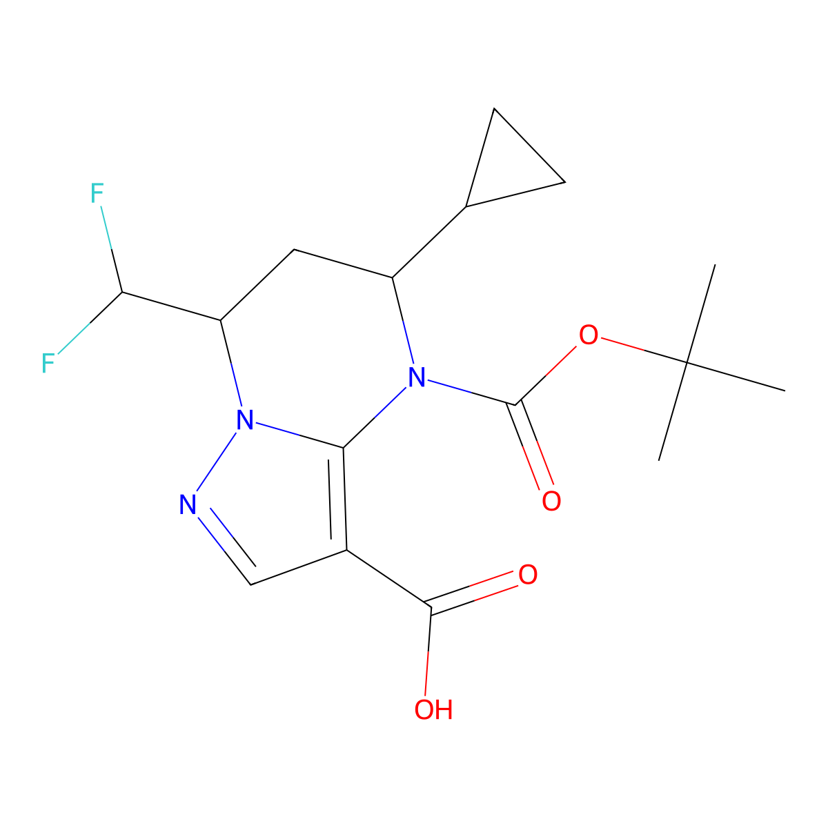 rac-(5R,7S)-4-[(tert-butoxy)carbonyl]-5-cyclopropyl-7-(difluoromethyl)-4H,5H,6H,7H-pyrazolo[1,5-a]pyrimidine-3-carboxylic acid molecular structure, CAS 2639378-87-1