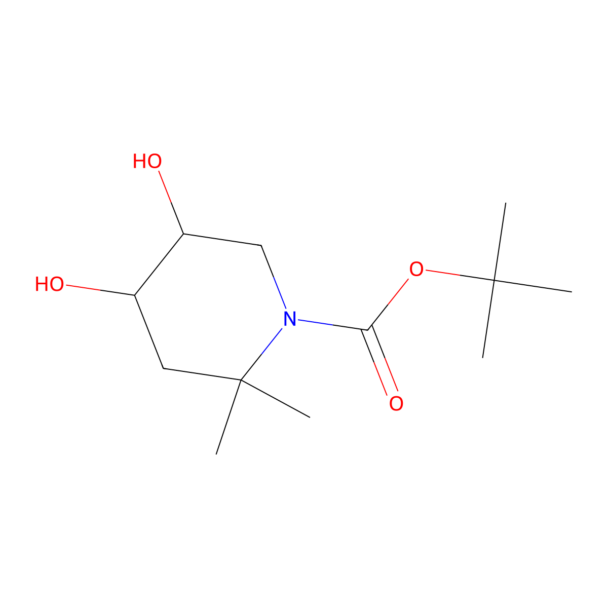 rac-tert-butyl (4R,5S)-4,5-dihydroxy-2,2-dimethylpiperidine-1-carboxylate molecular structure, CAS 2639378-89-3