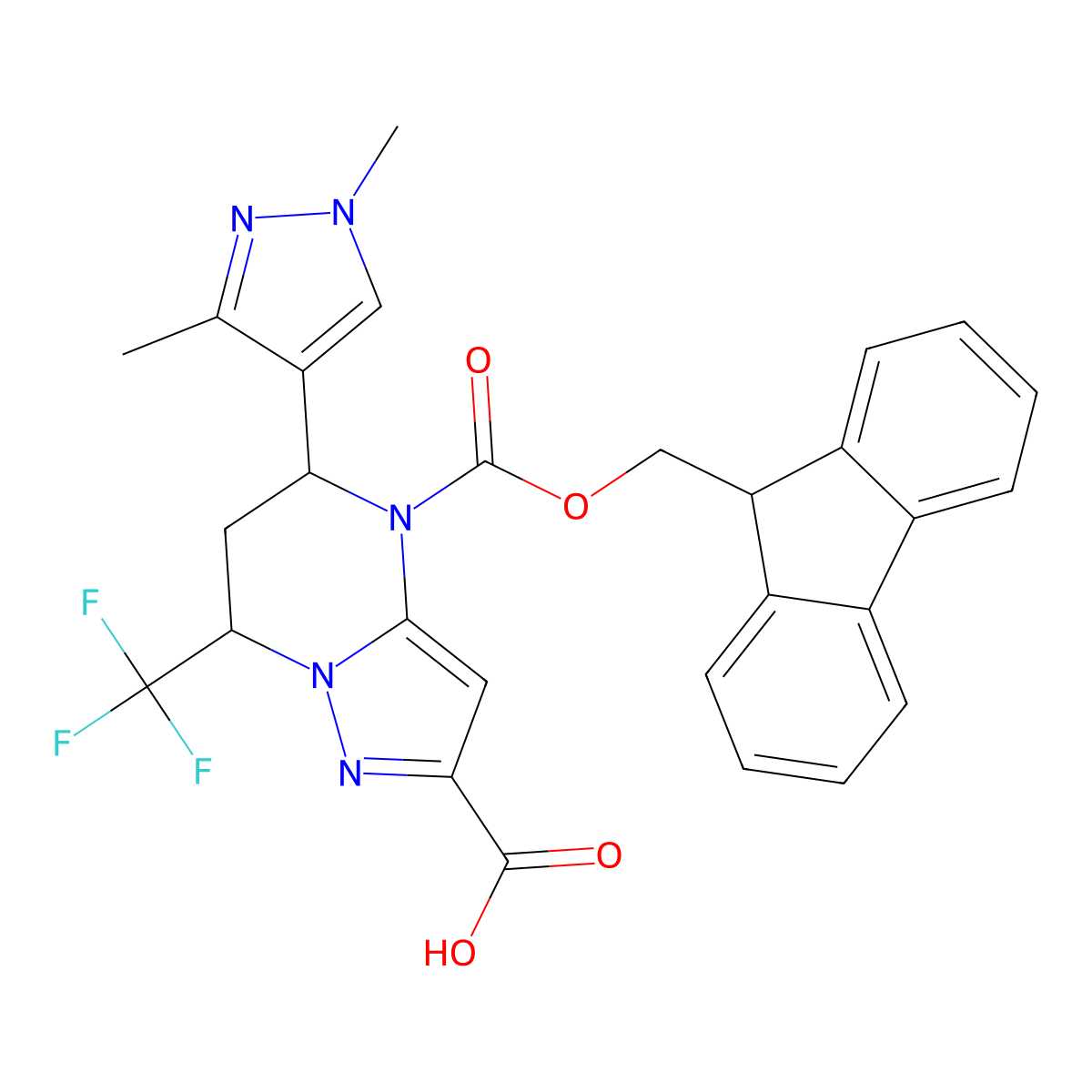 rac-(5R,7S)-5-(1,3-dimethyl-1H-pyrazol-4-yl)-4-{[(9H-fluoren-9-yl)methoxy]carbonyl}-7-(trifluoromethyl)-4H,5H,6H,7H-pyrazolo[1,5-a]pyrimidine-2-carboxylic acid molecular structure, CAS 2639379-03-4