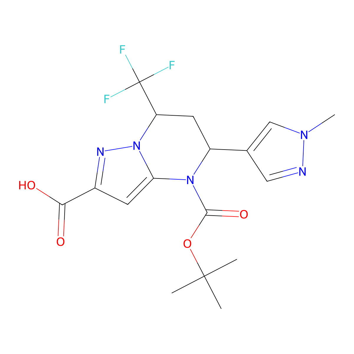 rac-(5R,7S)-4-[(tert-butoxy)carbonyl]-5-(1-methyl-1H-pyrazol-4-yl)-7-(trifluoromethyl)-4H,5H,6H,7H-pyrazolo[1,5-a]pyrimidine-2-carboxylic acid molecular structure, CAS 2639379-17-0