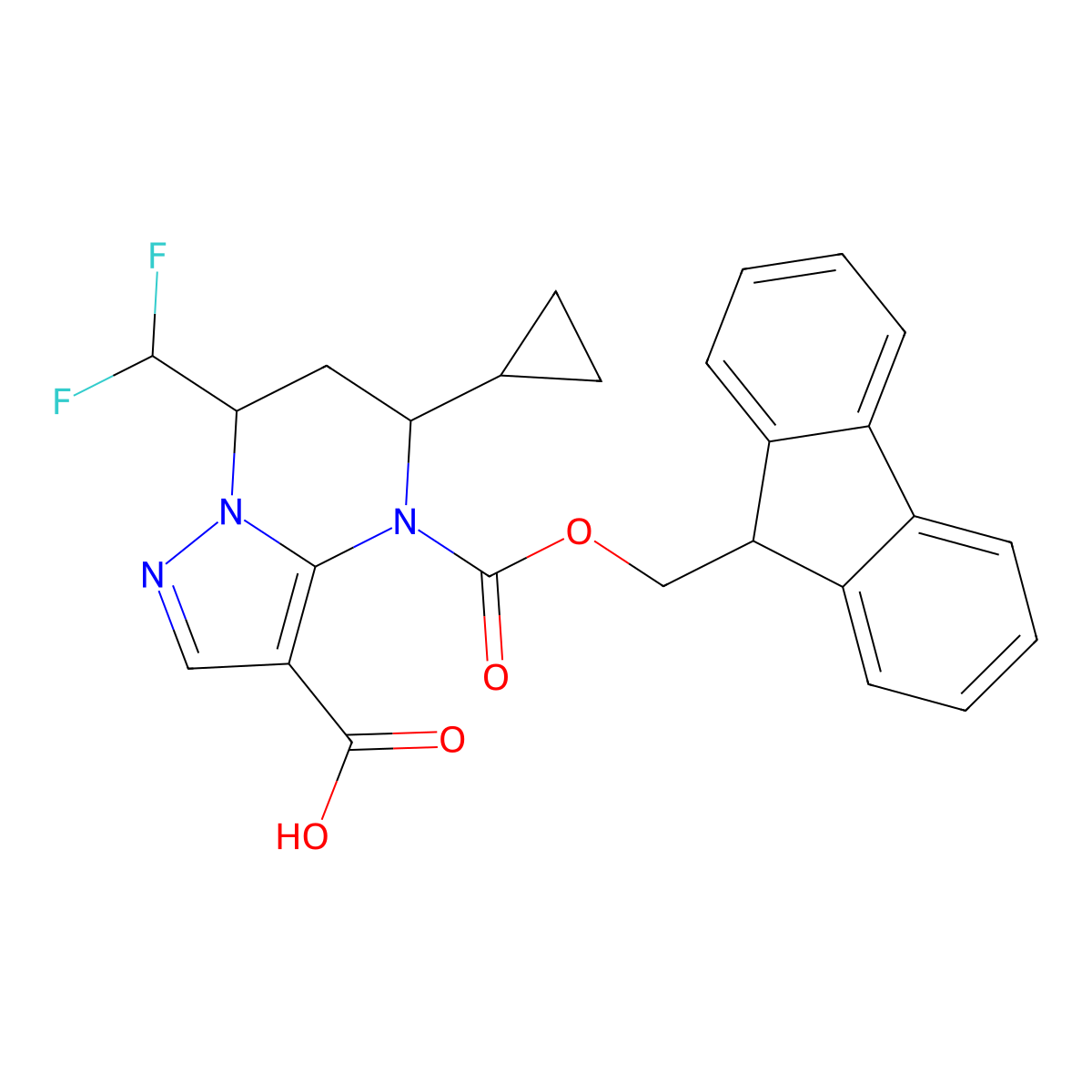 rac-(5R,7S)-5-cyclopropyl-7-(difluoromethyl)-4-{[(9H-fluoren-9-yl)methoxy]carbonyl}-4H,5H,6H,7H-pyrazolo[1,5-a]pyrimidine-3-carboxylic acid molecular structure, CAS 2639379-41-0