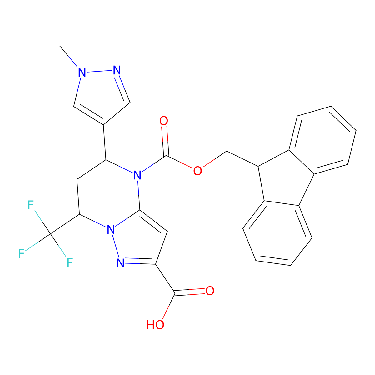 rac-(5R,7S)-4-{[(9H-fluoren-9-yl)methoxy]carbonyl}-5-(1-methyl-1H-pyrazol-4-yl)-7-(trifluoromethyl)-4H,5H,6H,7H-pyrazolo[1,5-a]pyrimidine-2-carboxylic acid molecular structure, CAS 2639388-87-5