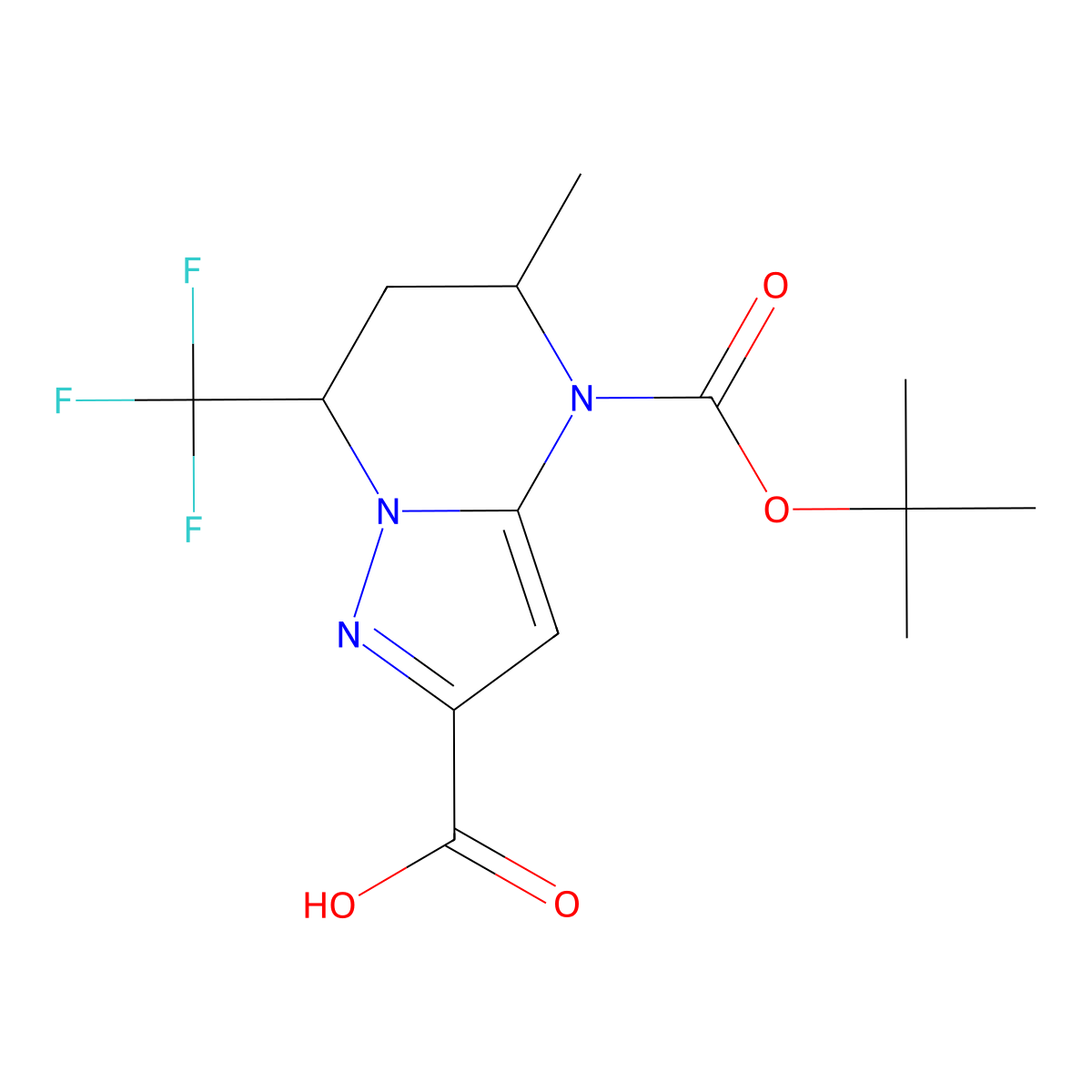 rac-(5R,7R)-4-[(tert-butoxy)carbonyl]-5-methyl-7-(trifluoromethyl)-4H,5H,6H,7H-pyrazolo[1,5-a]pyrimidine-2-carboxylic acid molecular structure, CAS 2639389-25-4