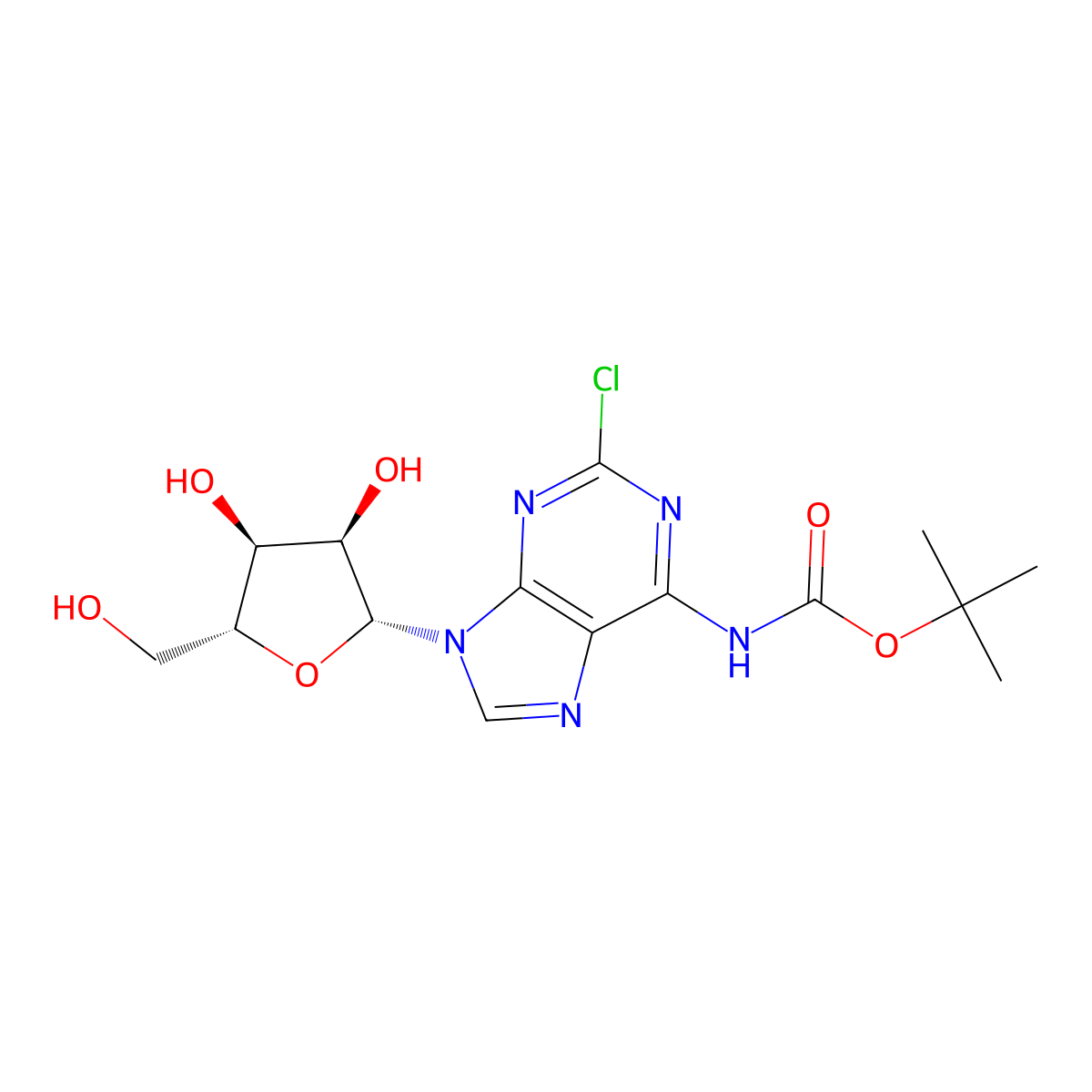 tert-butyl N-{2-chloro-9-[(2R,3R,4S,5R)-3,4-dihydroxy-5-(hydroxymethyl)oxolan-2-yl]-9H-purin-6-yl}carbamate molecular structure, CAS 2639389-37-8