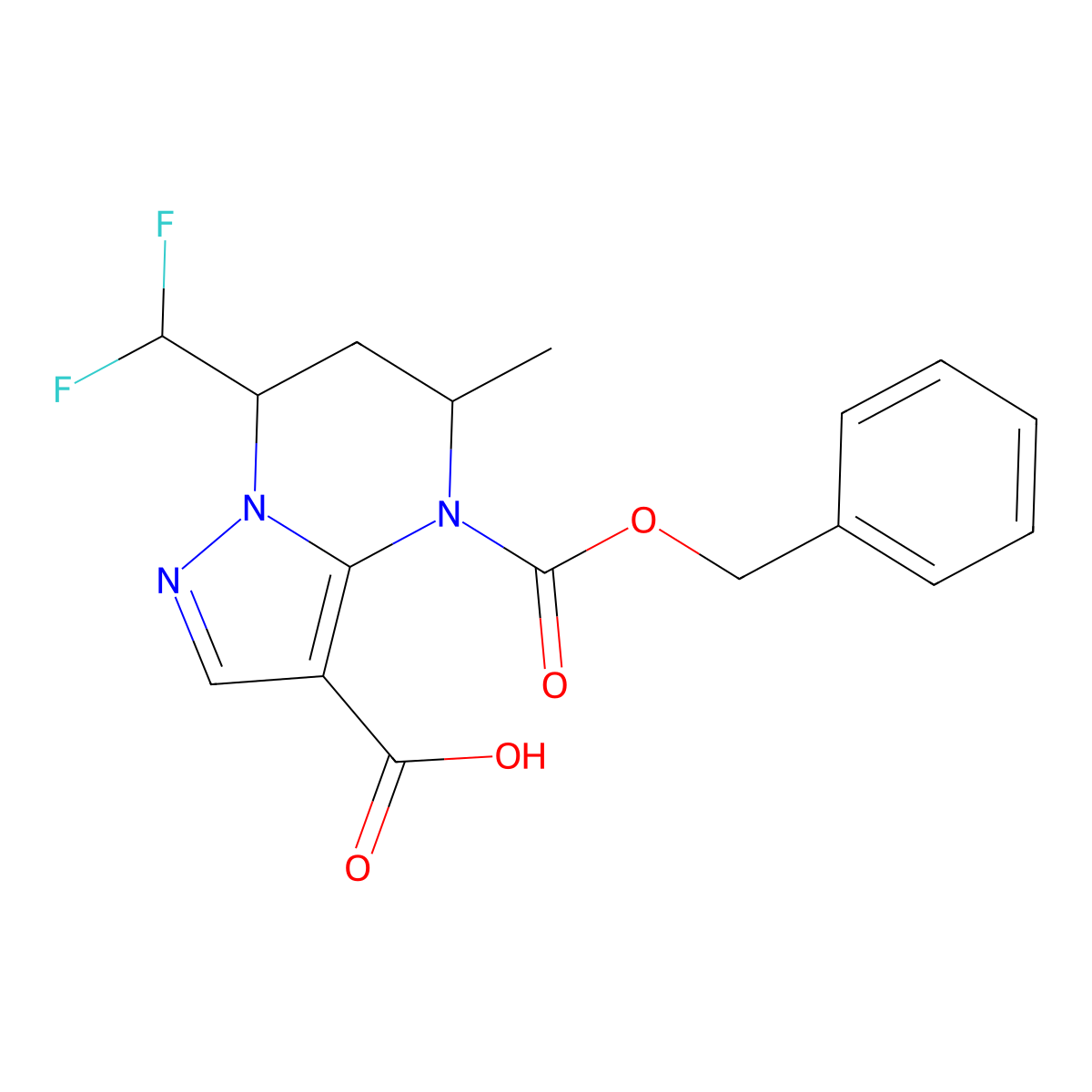 rac-(5R,7R)-4-[(benzyloxy)carbonyl]-7-(difluoromethyl)-5-methyl-4H,5H,6H,7H-pyrazolo[1,5-a]pyrimidine-3-carboxylic acid molecular structure, CAS 2639389-45-8