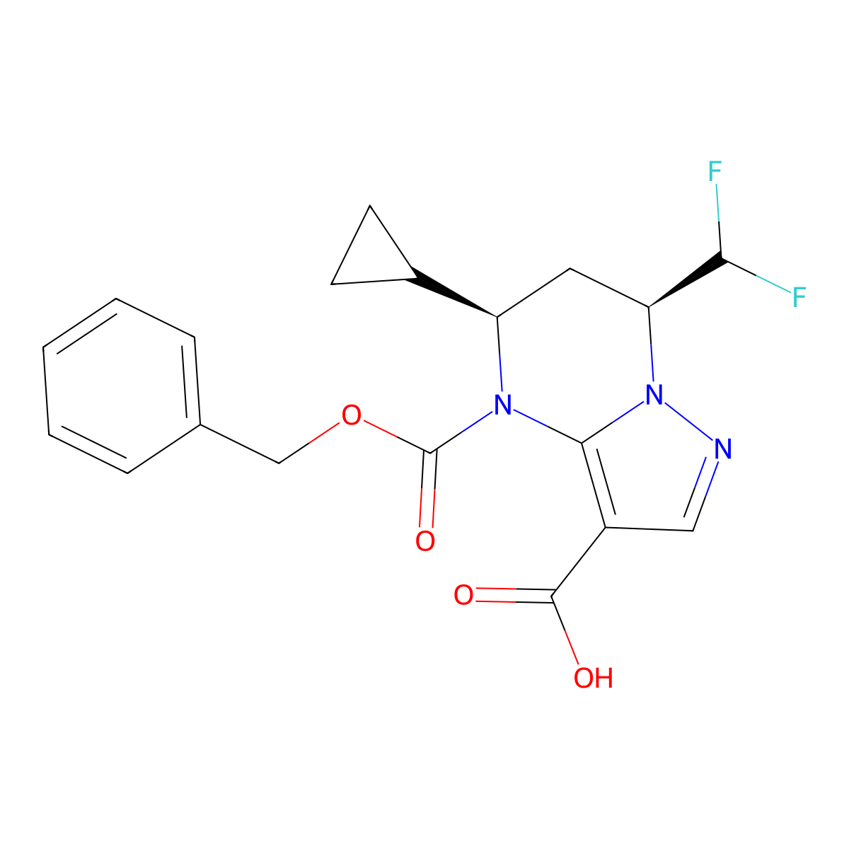 rac-(5R,7S)-4-[(benzyloxy)carbonyl]-5-cyclopropyl-7-(difluoromethyl)-4H,5H,6H,7H-pyrazolo[1,5-a]pyrimidine-3-carboxylic acid molecular structure, CAS 2639389-46-9