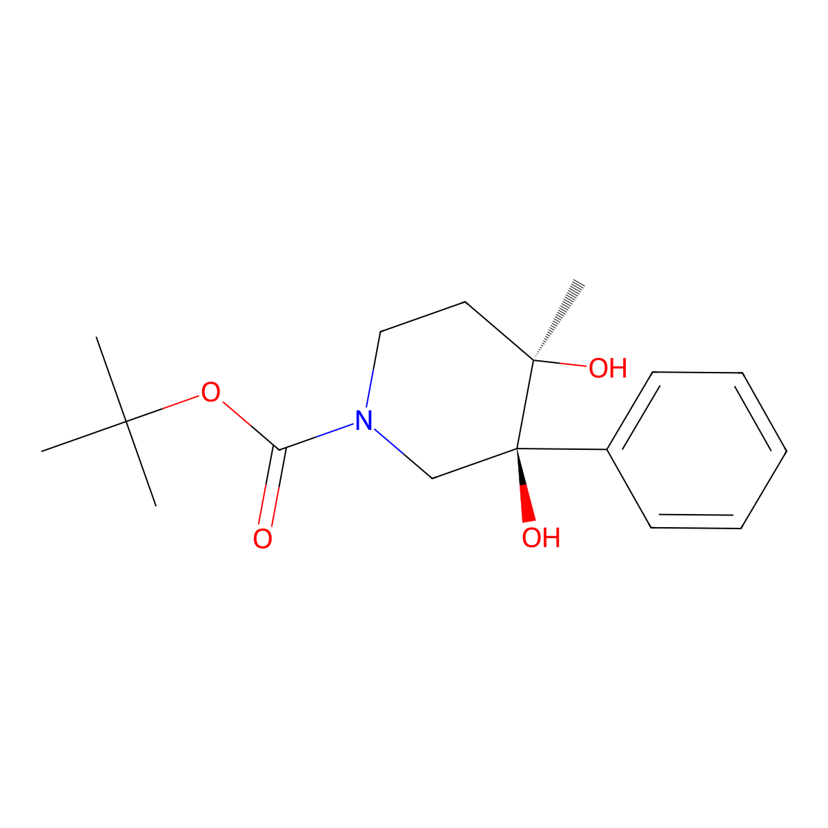 rac-tert-butyl (3R,4S)-3,4-dihydroxy-4-methyl-3-phenylpiperidine-1-carboxylate molecular structure, CAS 2639389-49-2